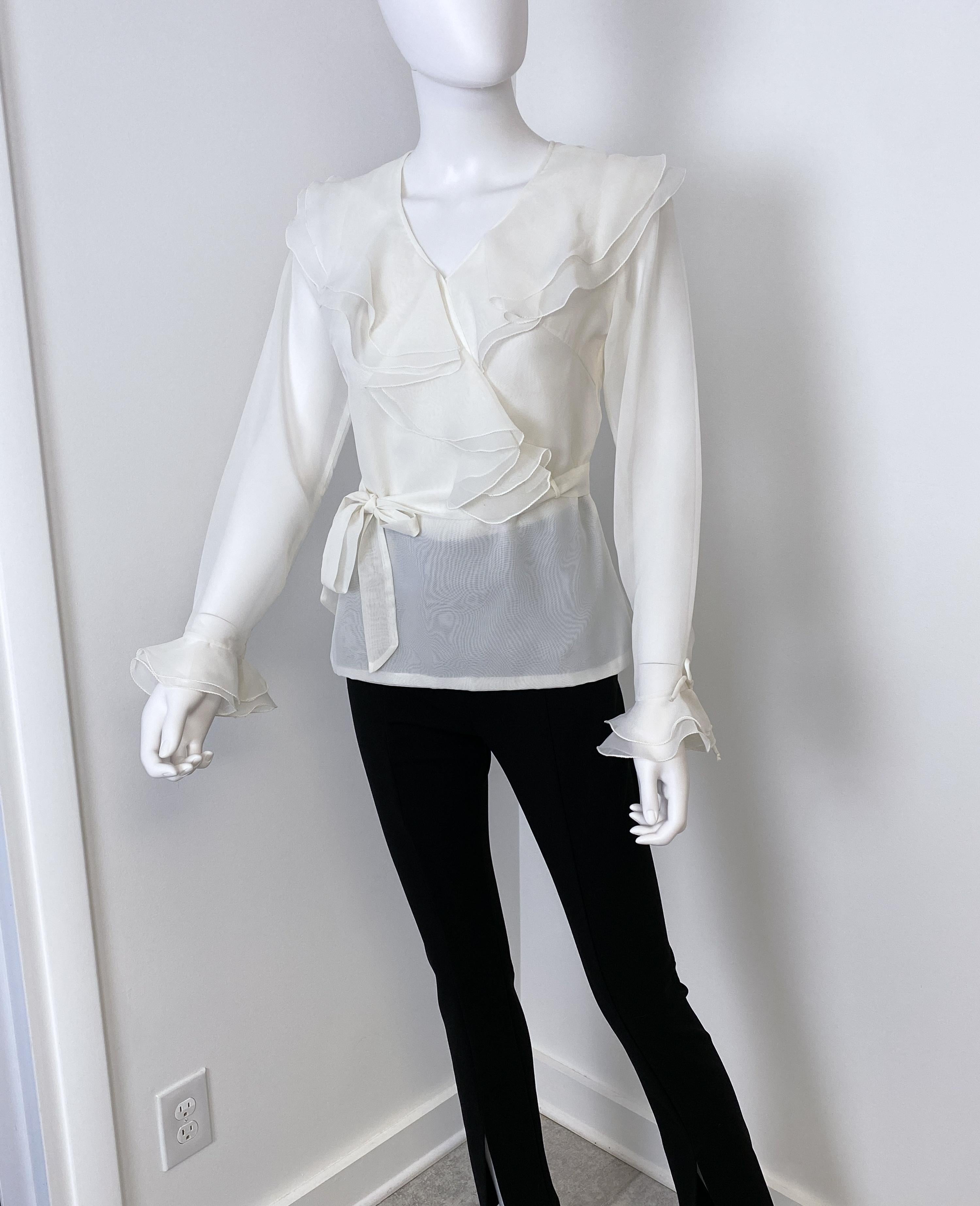 White Organdy and Sheer Blouse Top with Ruffled Collar Size 8 For Sale 8