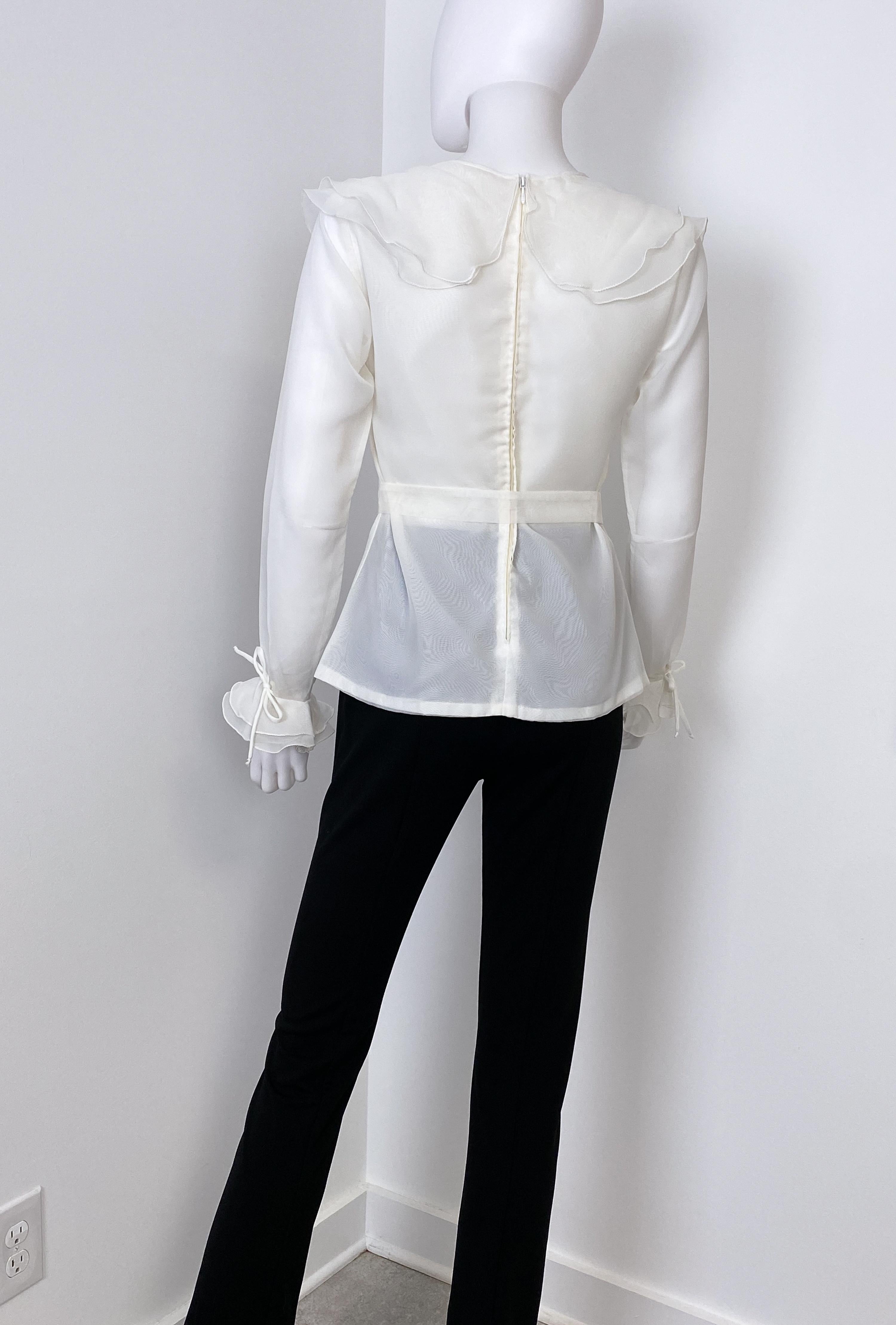 White Organdy and Sheer Blouse Top with Ruffled Collar Size 8 For Sale 9