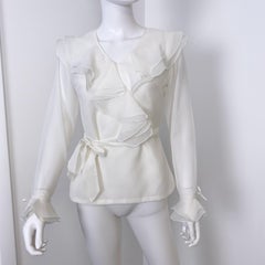 White Organdy and Sheer Blouse Top with Ruffled Collar Size 8
