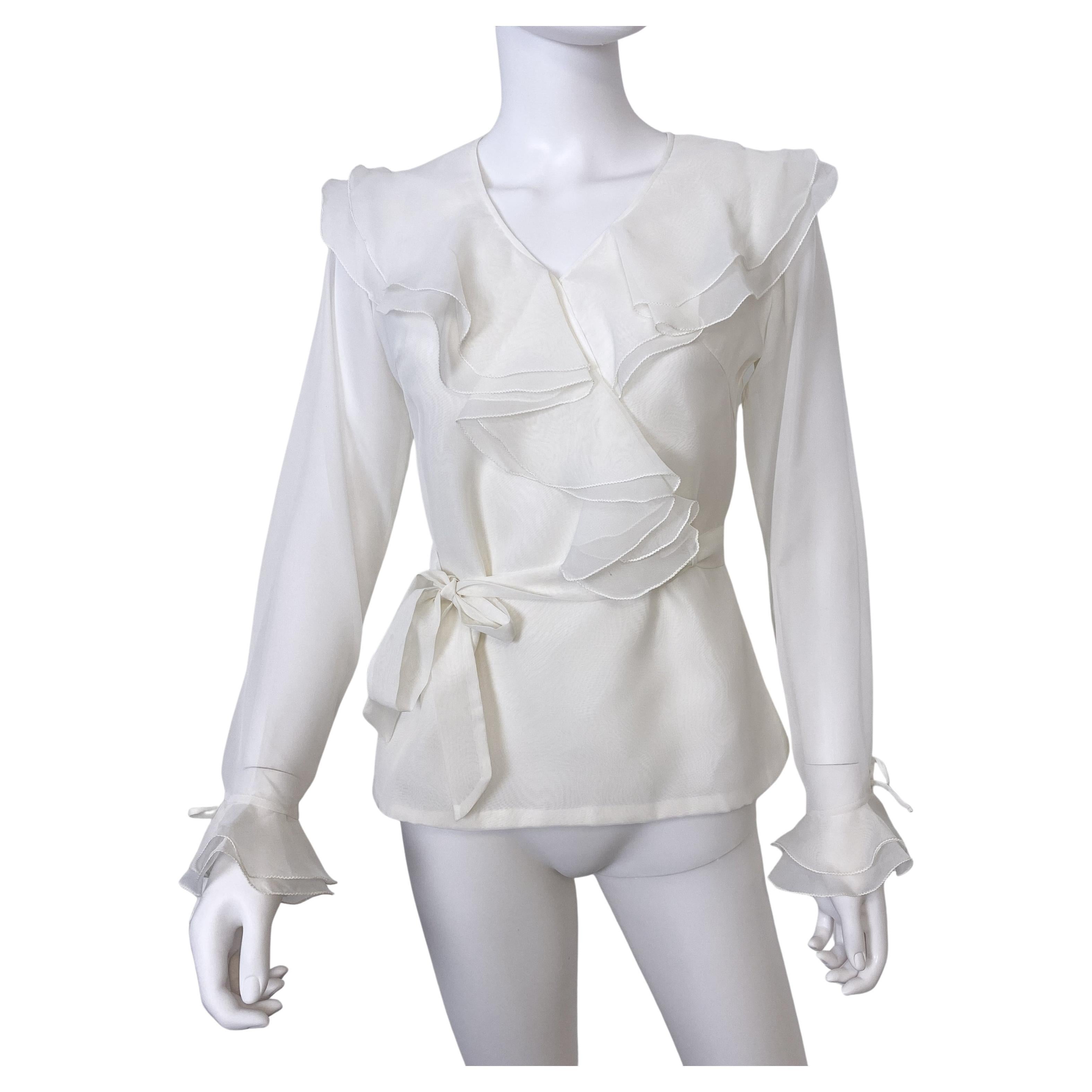 White Organdy and Sheer Blouse Top with Ruffled Collar Size 8 For Sale