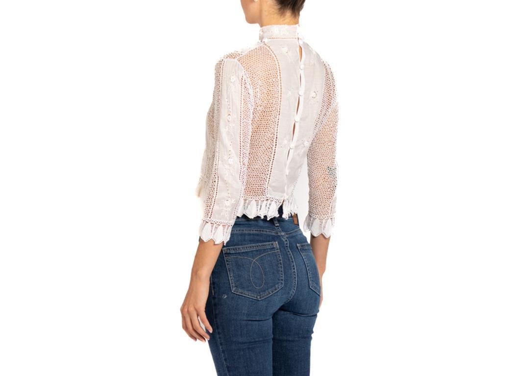 1970S White Organic Cotton Button Back Blouse With Hand Crocheted Details For Sale 3