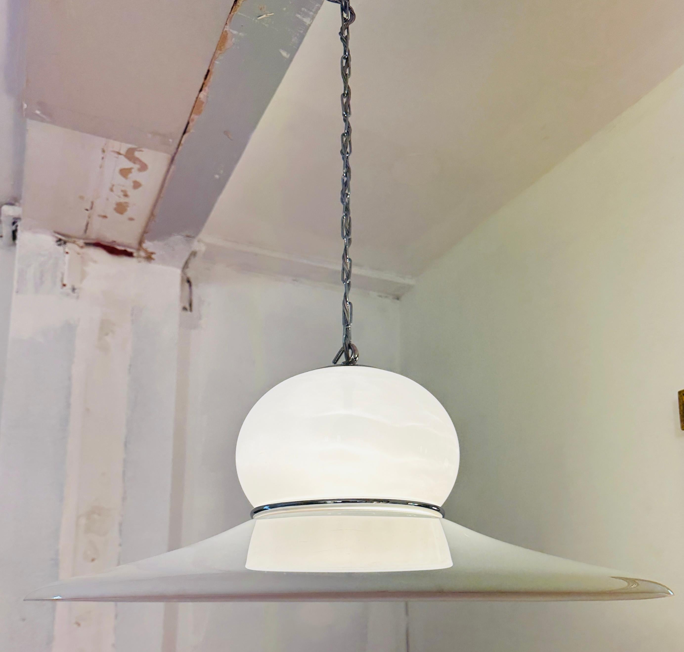 20th Century 1970s White Plexiglass UFO Space Age Harvey Guzzini Hanging Ceiling Light