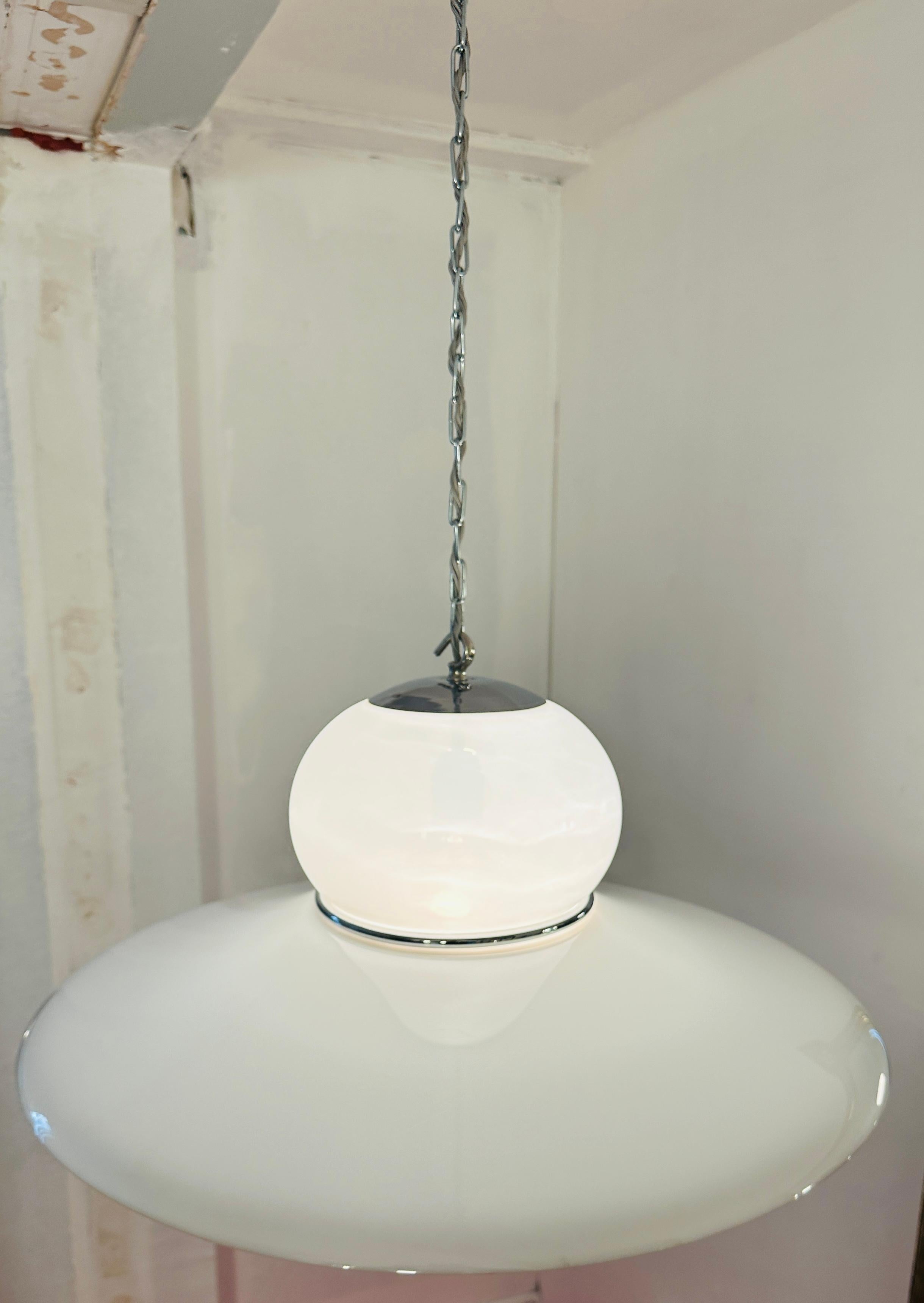 Metal 1970s White Plexiglass UFO Space Age Harvey Guzzini Hanging Ceiling Light
