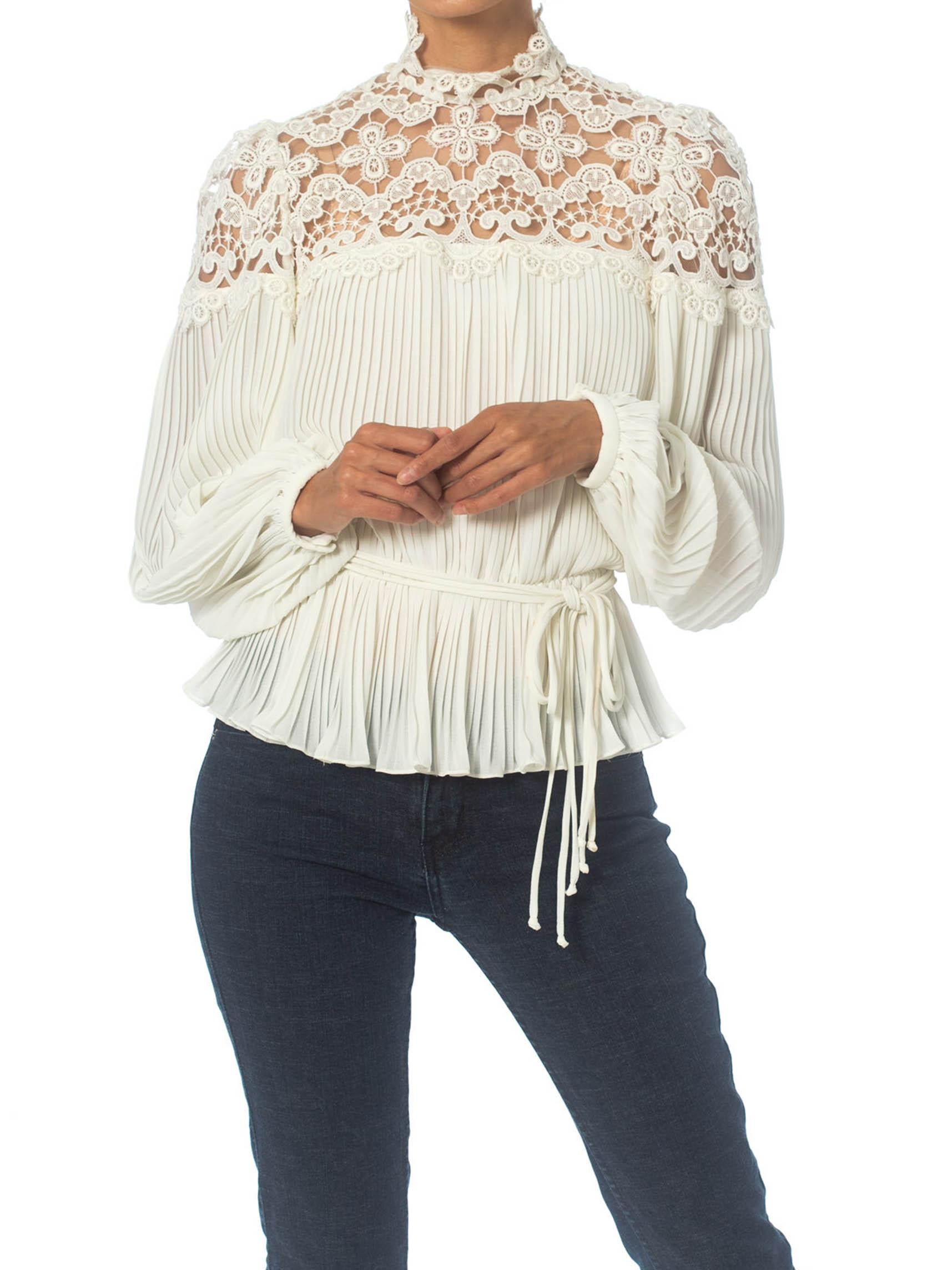 Women's 1970S White Polyester Chiffon & Lace Pleated Blouse With Elasticated Waist Belt