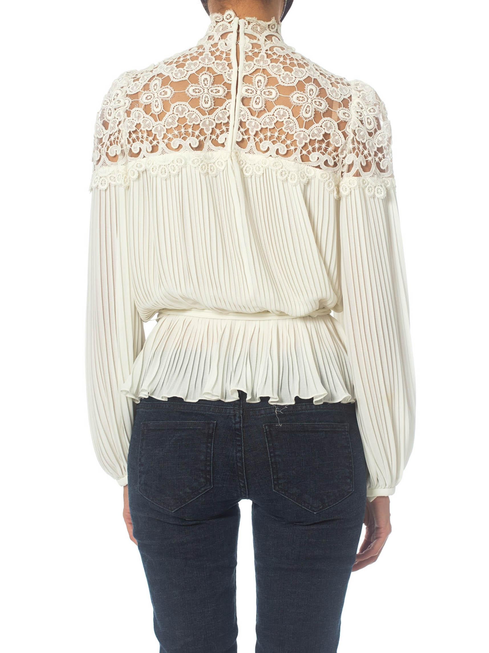 1970S White Polyester Chiffon & Lace Pleated Blouse With Elasticated Waist Belt 2