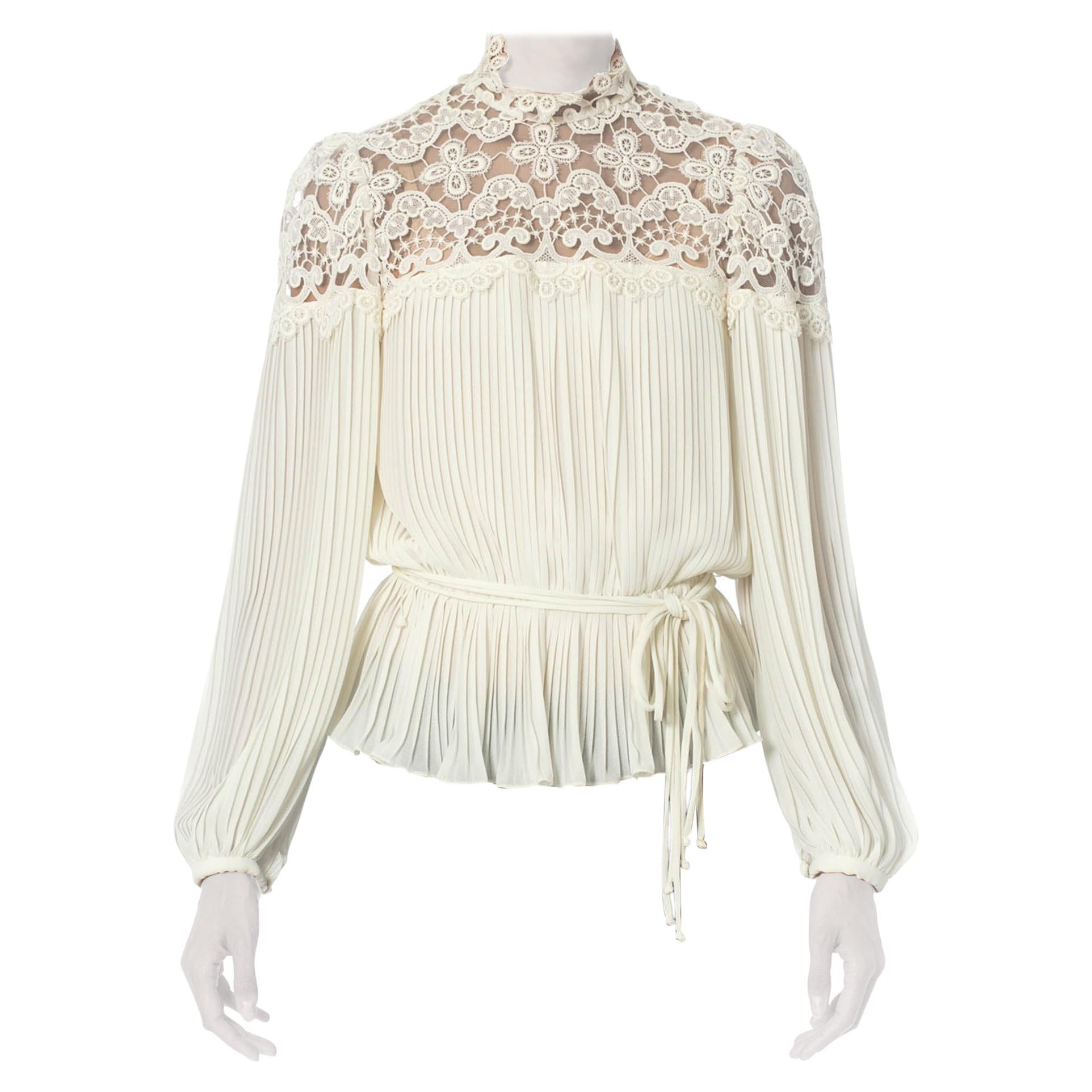 1970S White Polyester Chiffon & Lace Pleated Blouse With Elasticated Waist Belt
