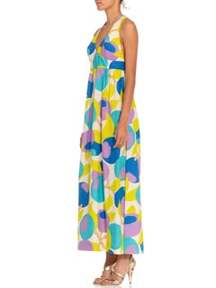 1970S White Purple & Blue Cotton Large Abstract Blueberry Printed Halter Dress
