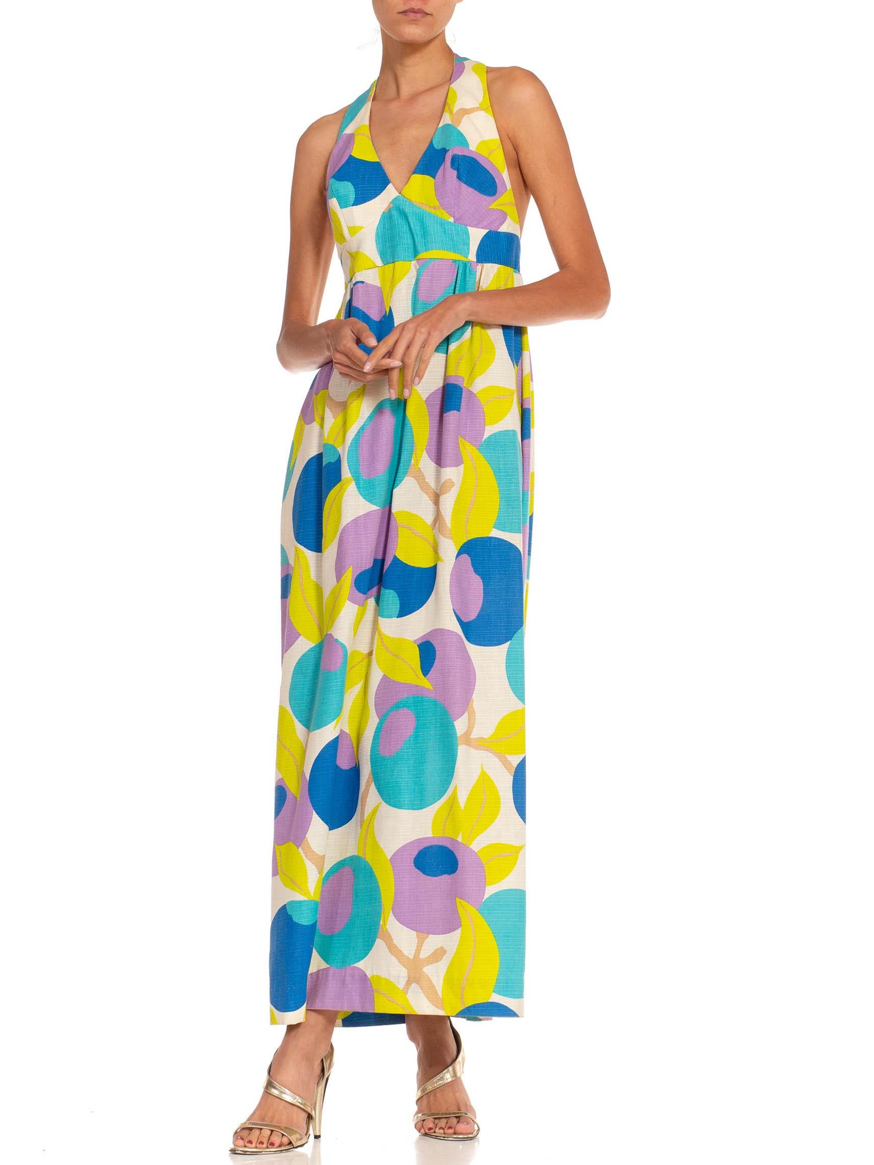 Women's 1970S White Purple & Blue Cotton Large Abstract Blueberry Printed Halter Dress For Sale