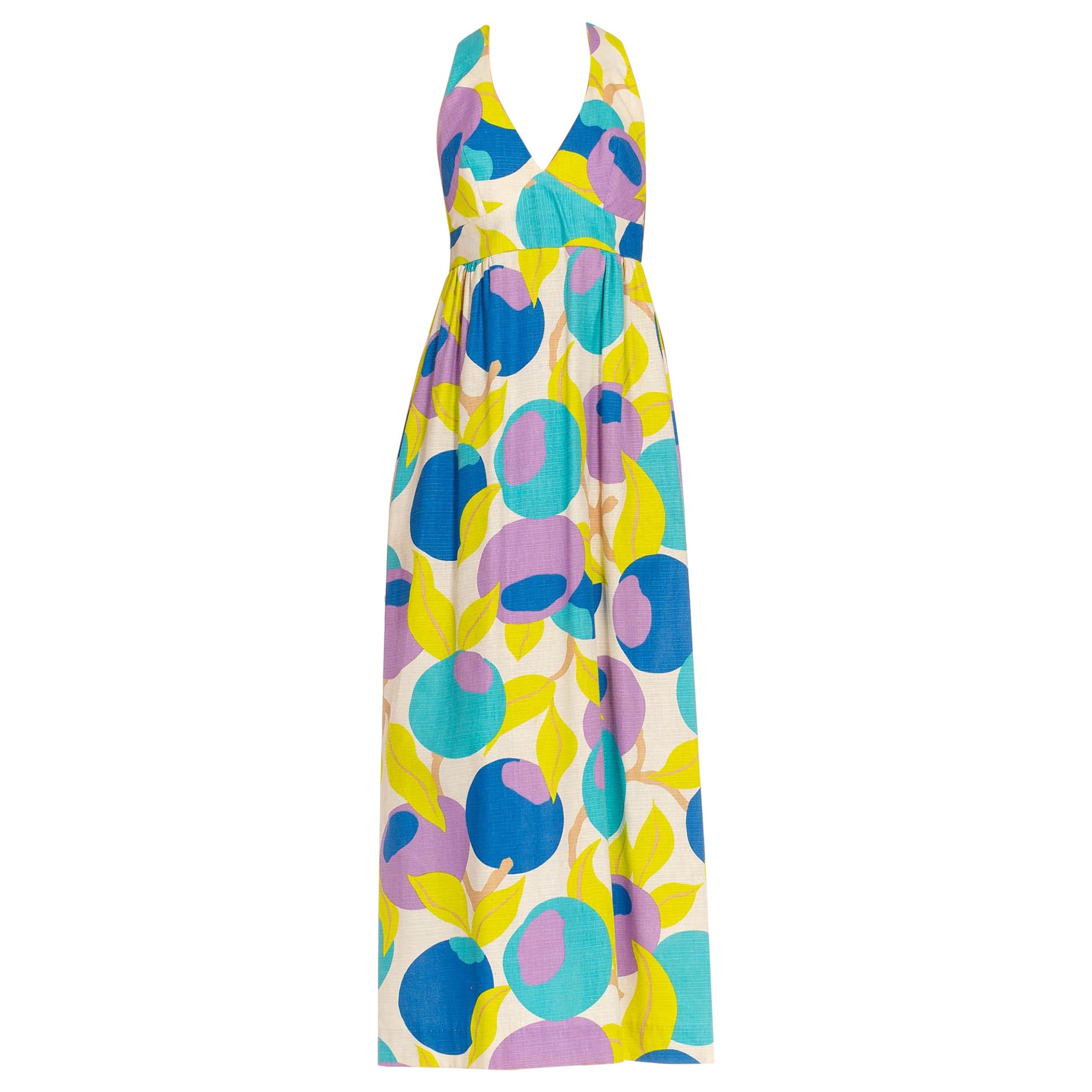 Robe dos nu en coton blanc, violet et bleu avec grand imprimé bleuberry abstrait, années 1970 en vente