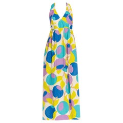 Robe dos nu en coton blanc, violet et bleu avec grand imprimé bleuberry abstrait, années 1970