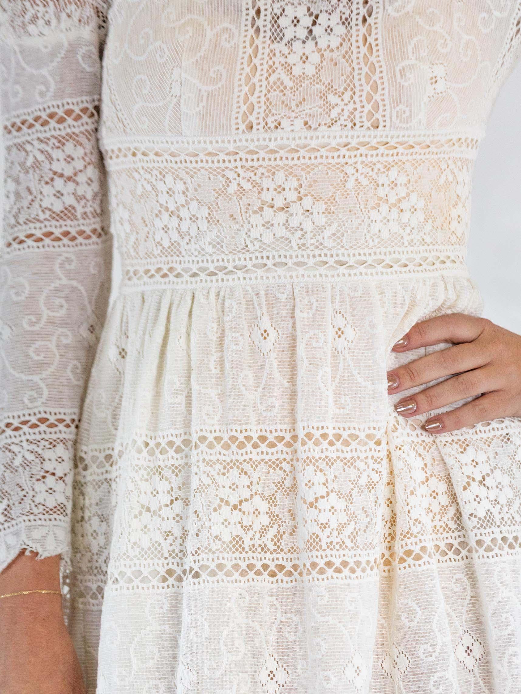 1970S White Victorian Revival Lace Long Sleeved Dress For Sale 5