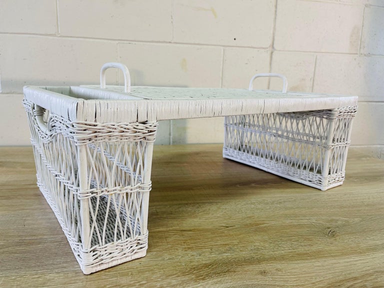 Vintage 1970s white wicker breakfast serving tray with side storage and the top tray that is removeable. Great for serving breakfast in bed! No marks.