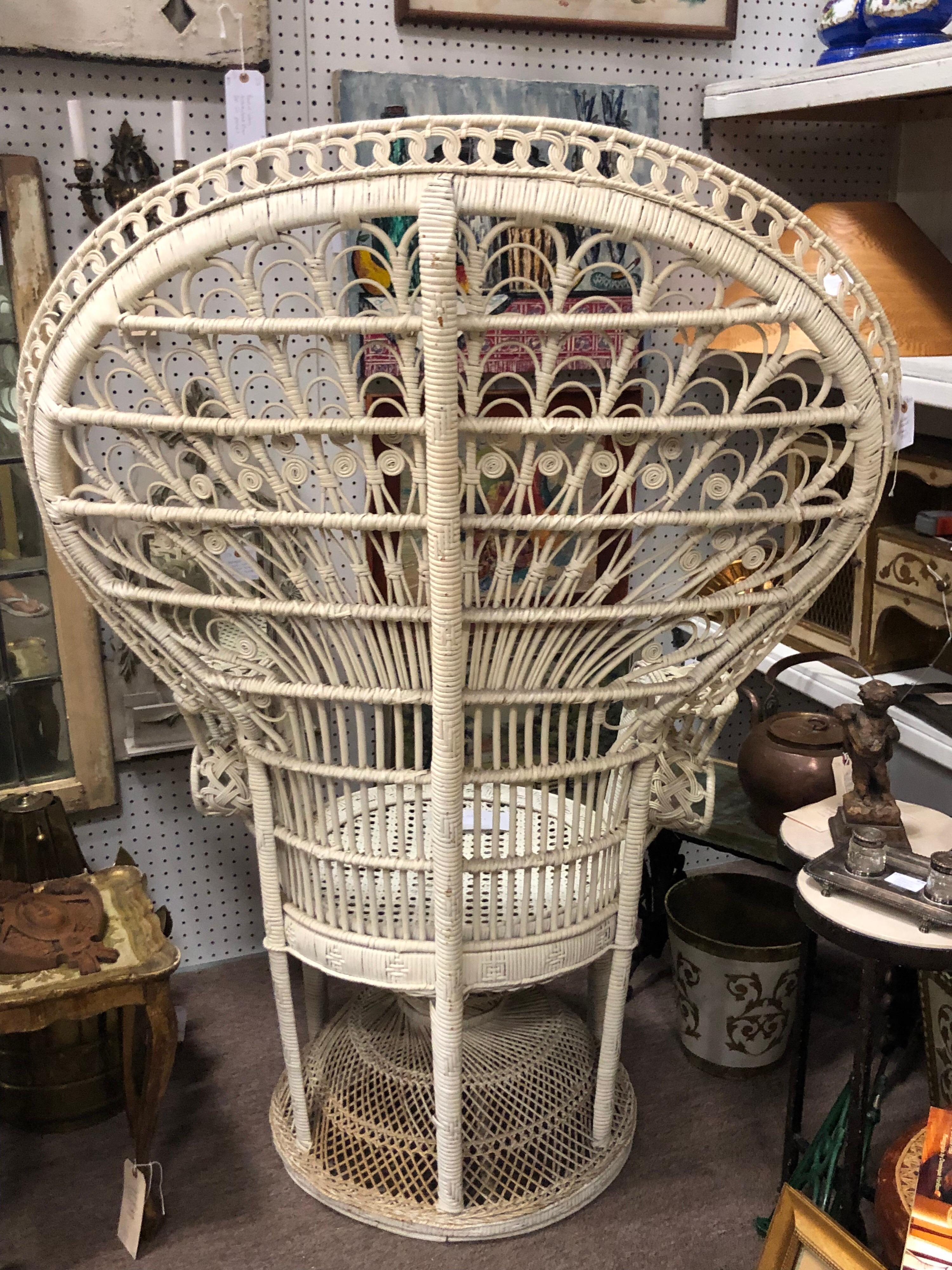 Late 20th Century 1970s White Wicker Peacock Throne Chair