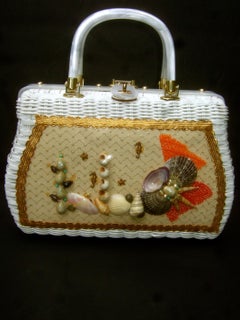 1970s White Wicker Sea Life Coastal Handbag