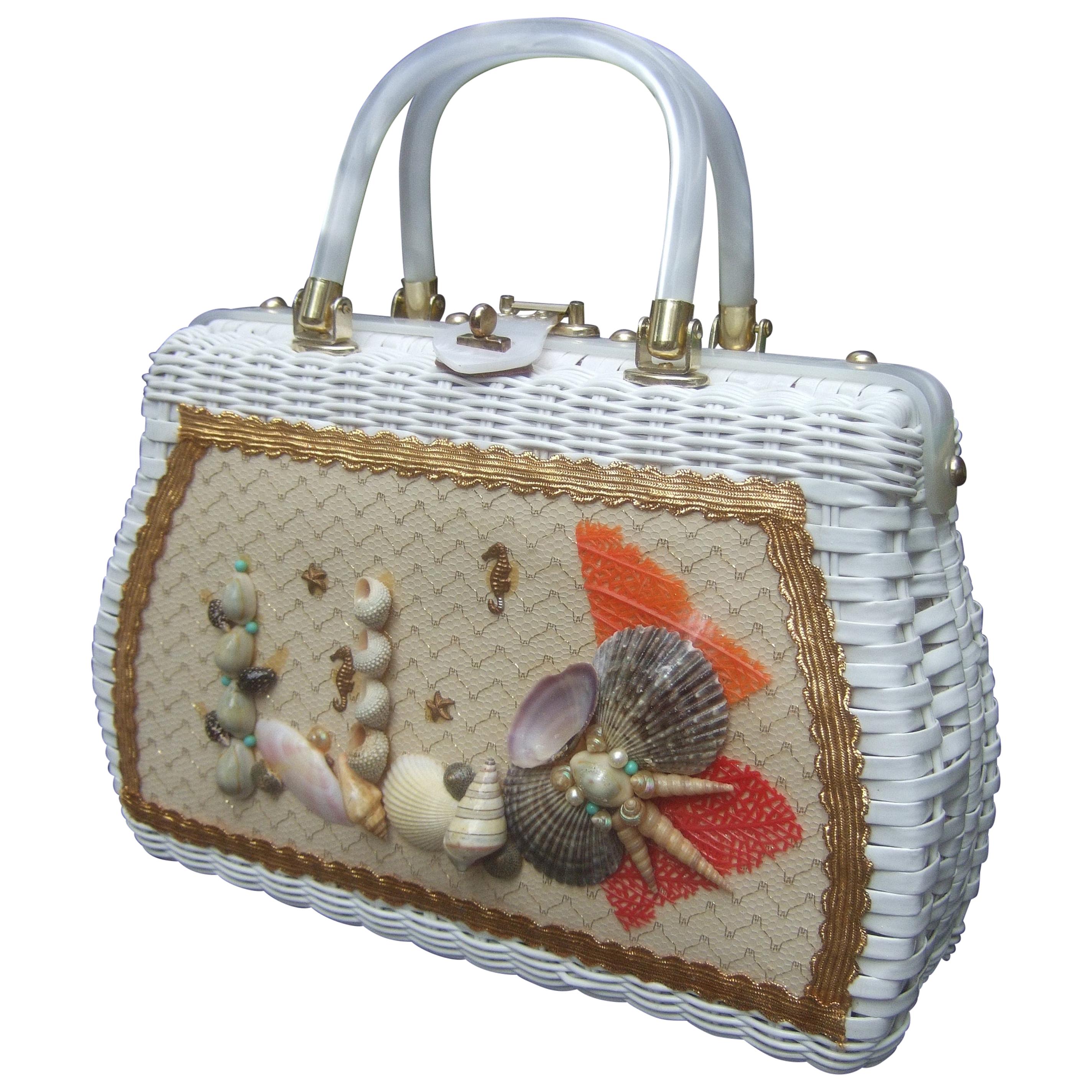 1970s White Wicker Sea Life Coastal Handbag 