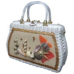 Vintage 1970s White Wicker Sea Life Coastal Handbag 