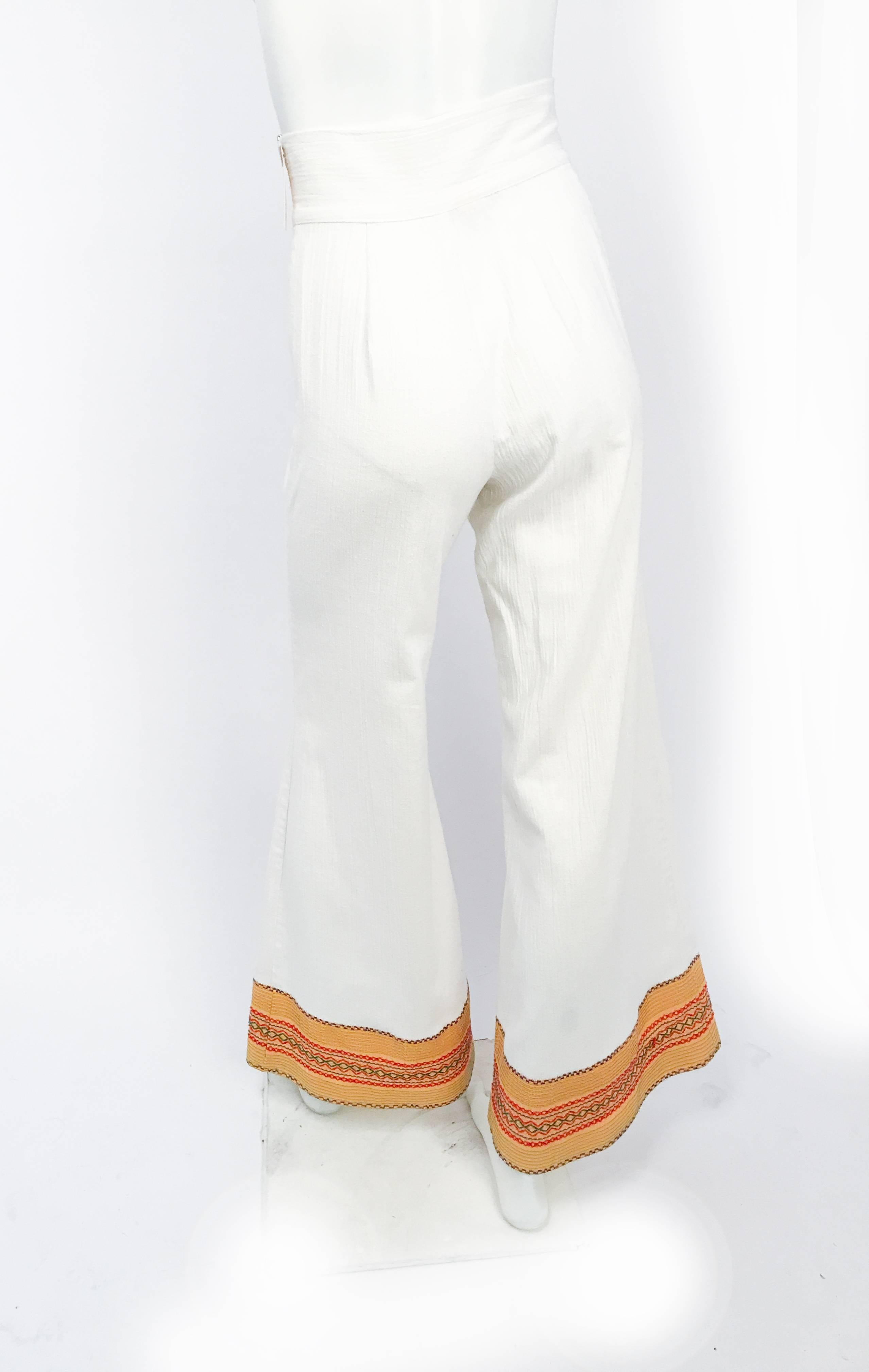 1970s White Wide Legged Pants with Embellished Hems In Good Condition In San Francisco, CA