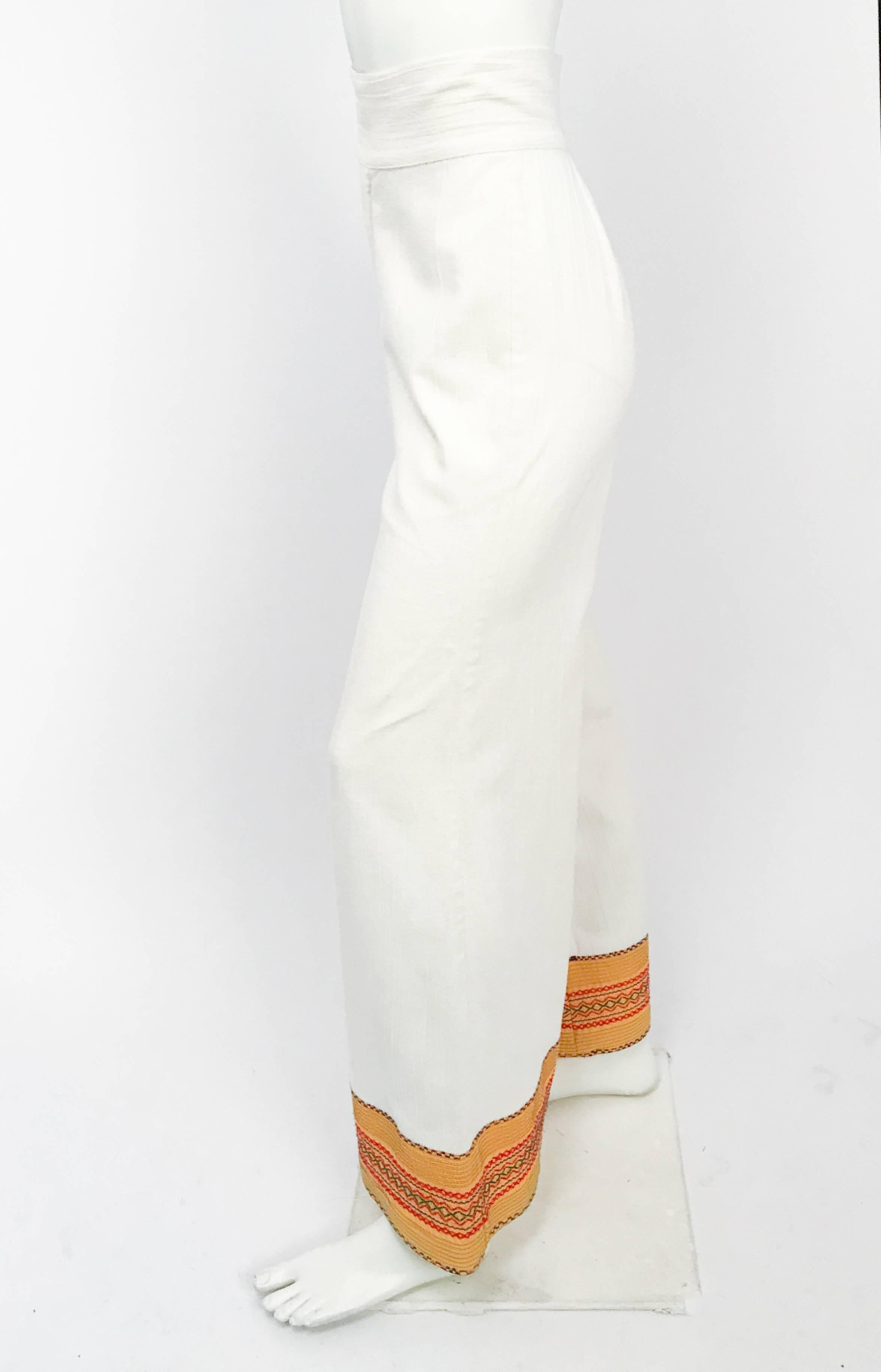 Women's 1970s White Wide Legged Pants with Embellished Hems