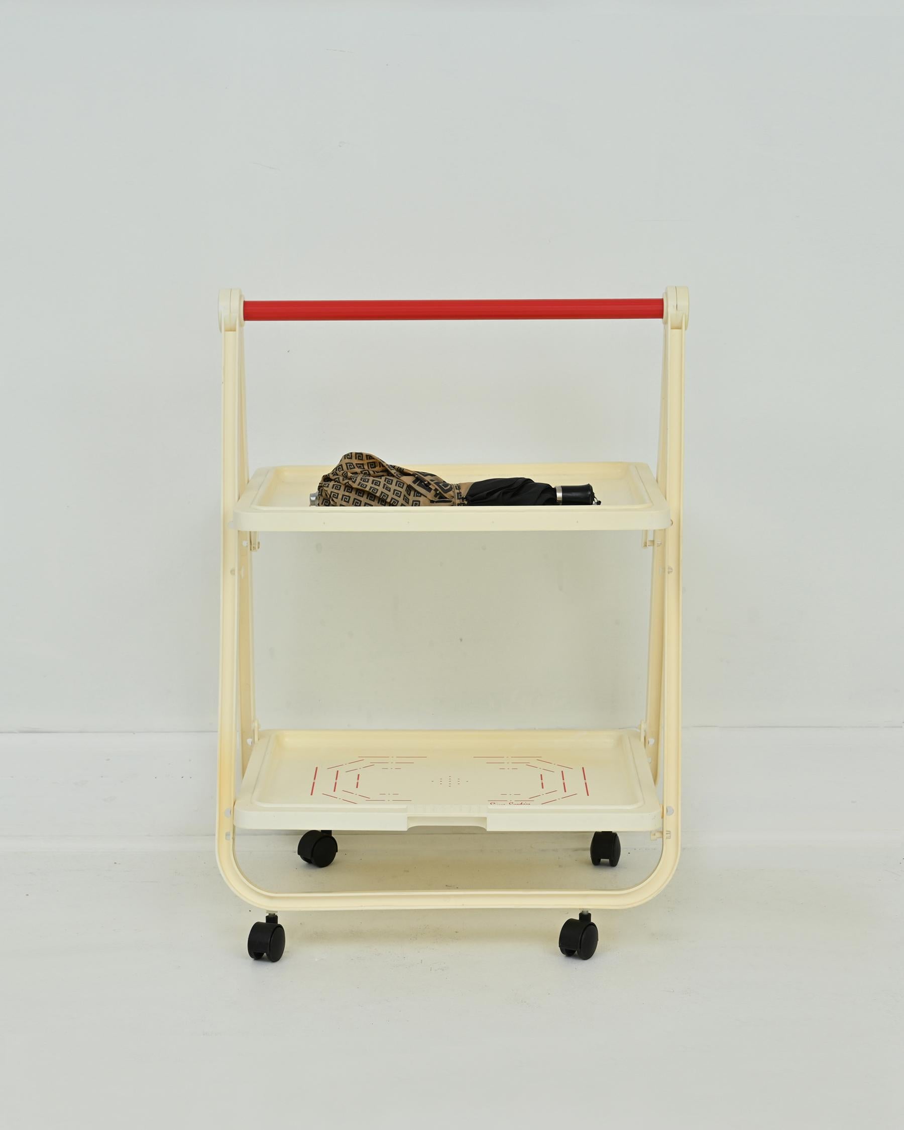 Space Age 1970s White with Red Bar Cart Trolley by Pierre Cardin for Simo For Sale