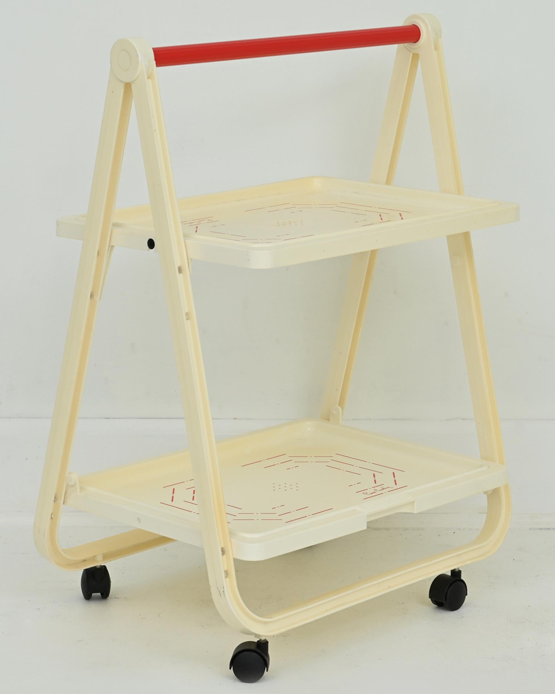 Space Age 1970s White with Red Bar Cart Trolley by Pierre Cardin for Simo For Sale