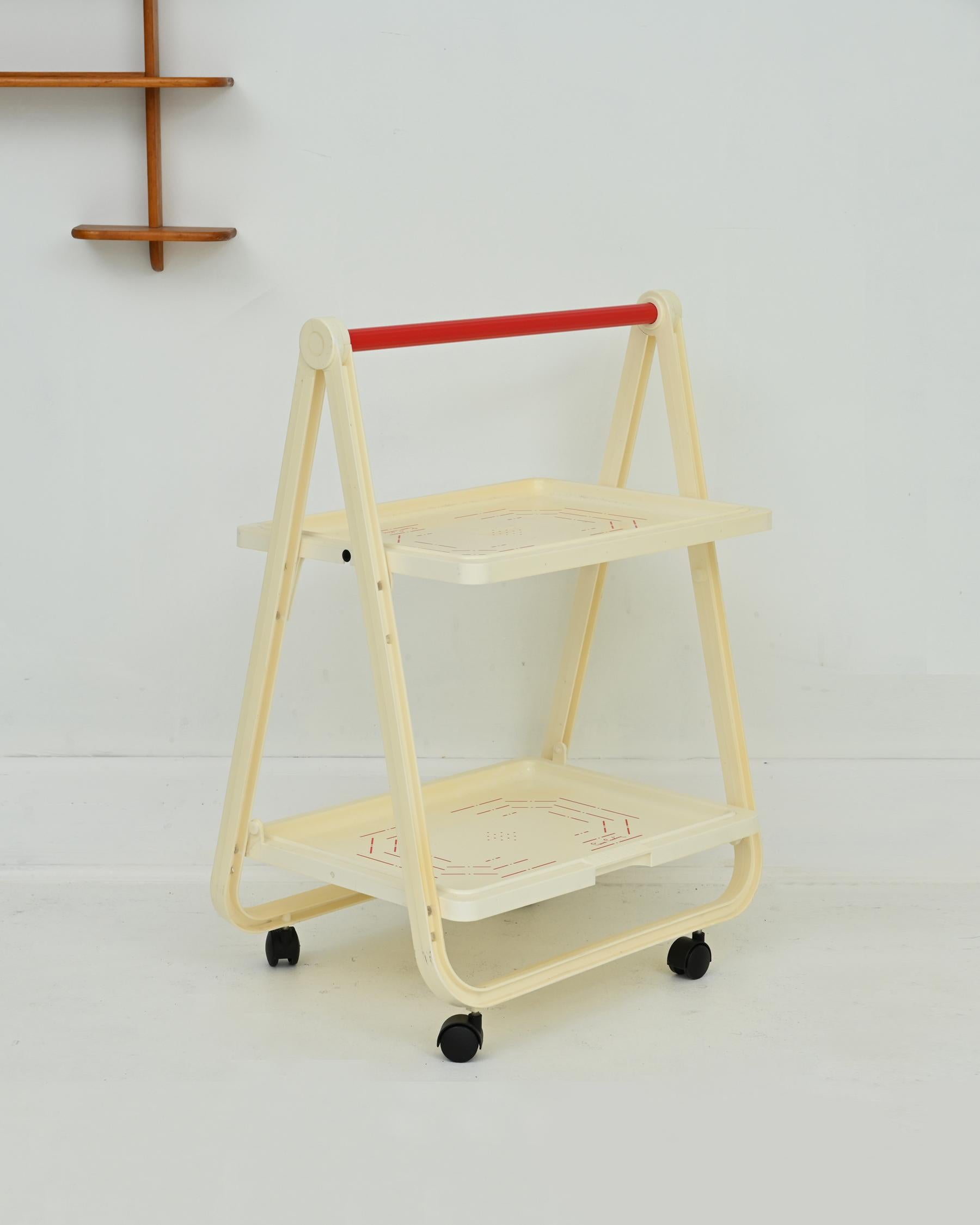 1970s White with Red Bar Cart Trolley by Pierre Cardin for Simo In Good Condition For Sale In San Gabriel, CA