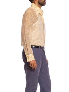 1970S White & Yellow Polyester Mod Lace Men's Disco Shirt