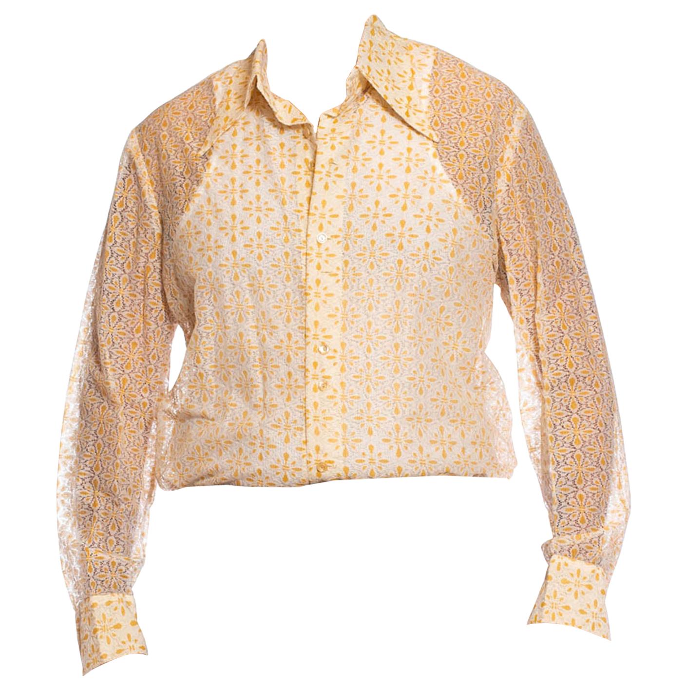 1970S White 
Yellow Polyester Mod Lace Men
s Disco Shirt