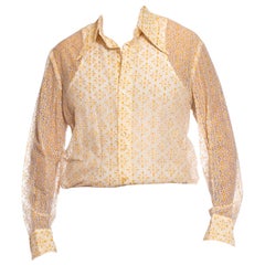 Vintage 1970S White & Yellow Polyester Mod Lace Men's Disco Shirt