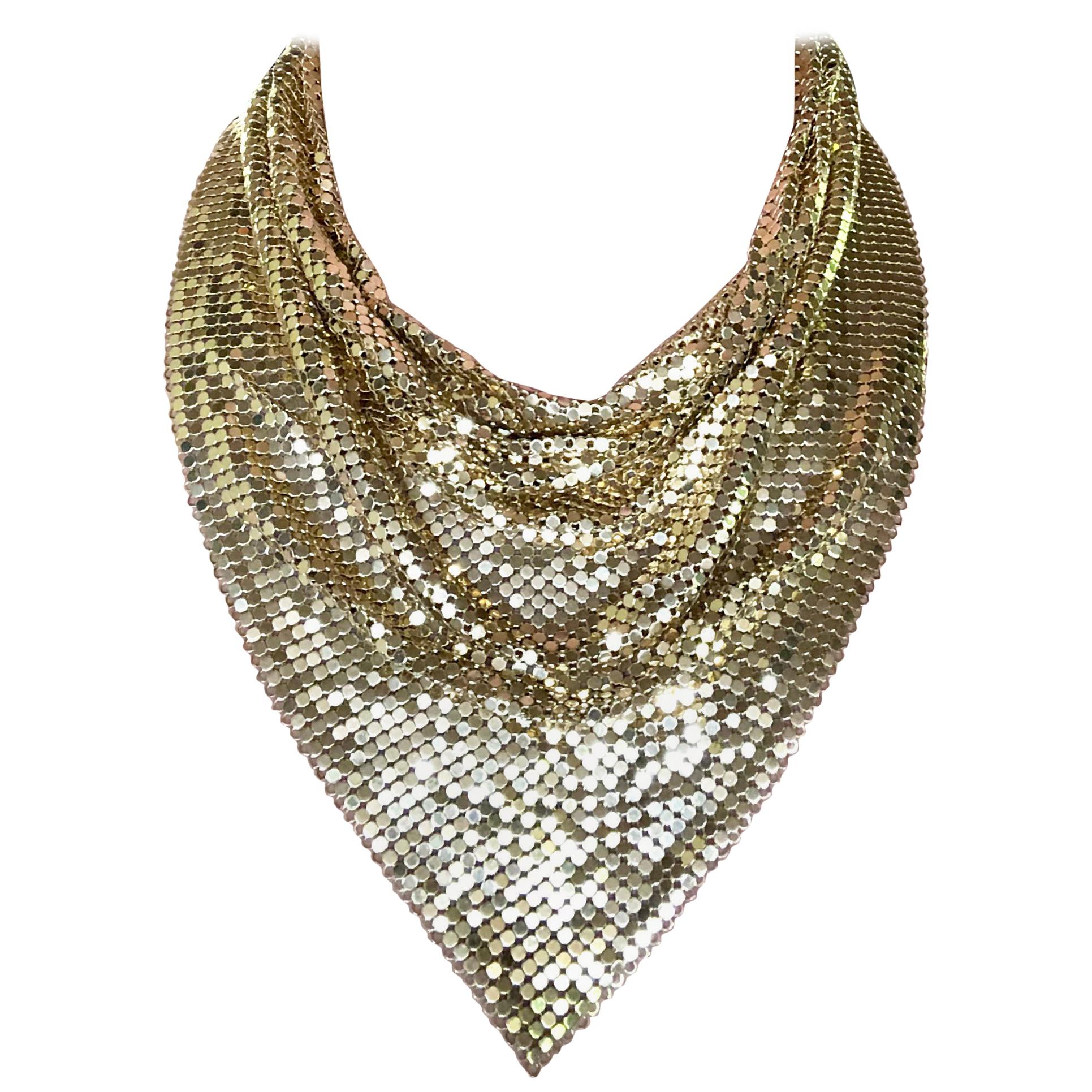 1970s Whiting and Davis Golden Metal Mesh Disco Necklace