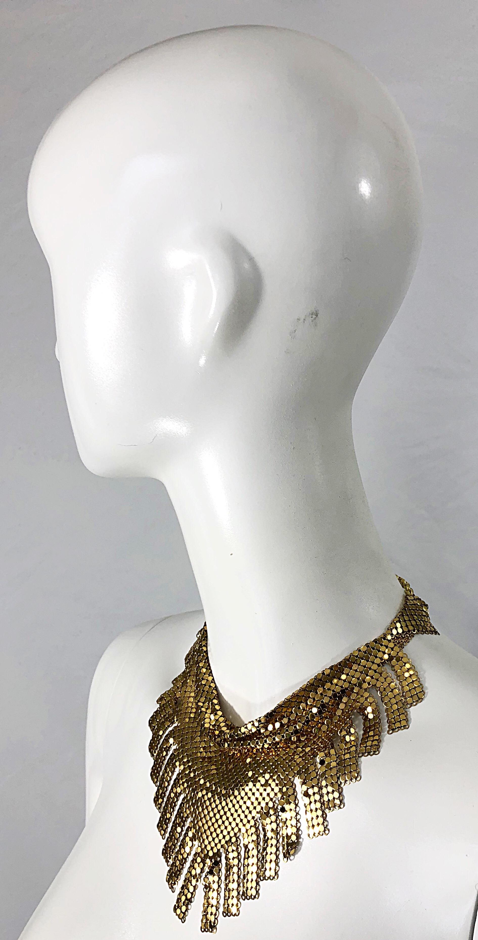 1970s Whiting & Davis Gold Chainmail Metal Fringed Vintage 70s Bib Necklace For Sale 2
