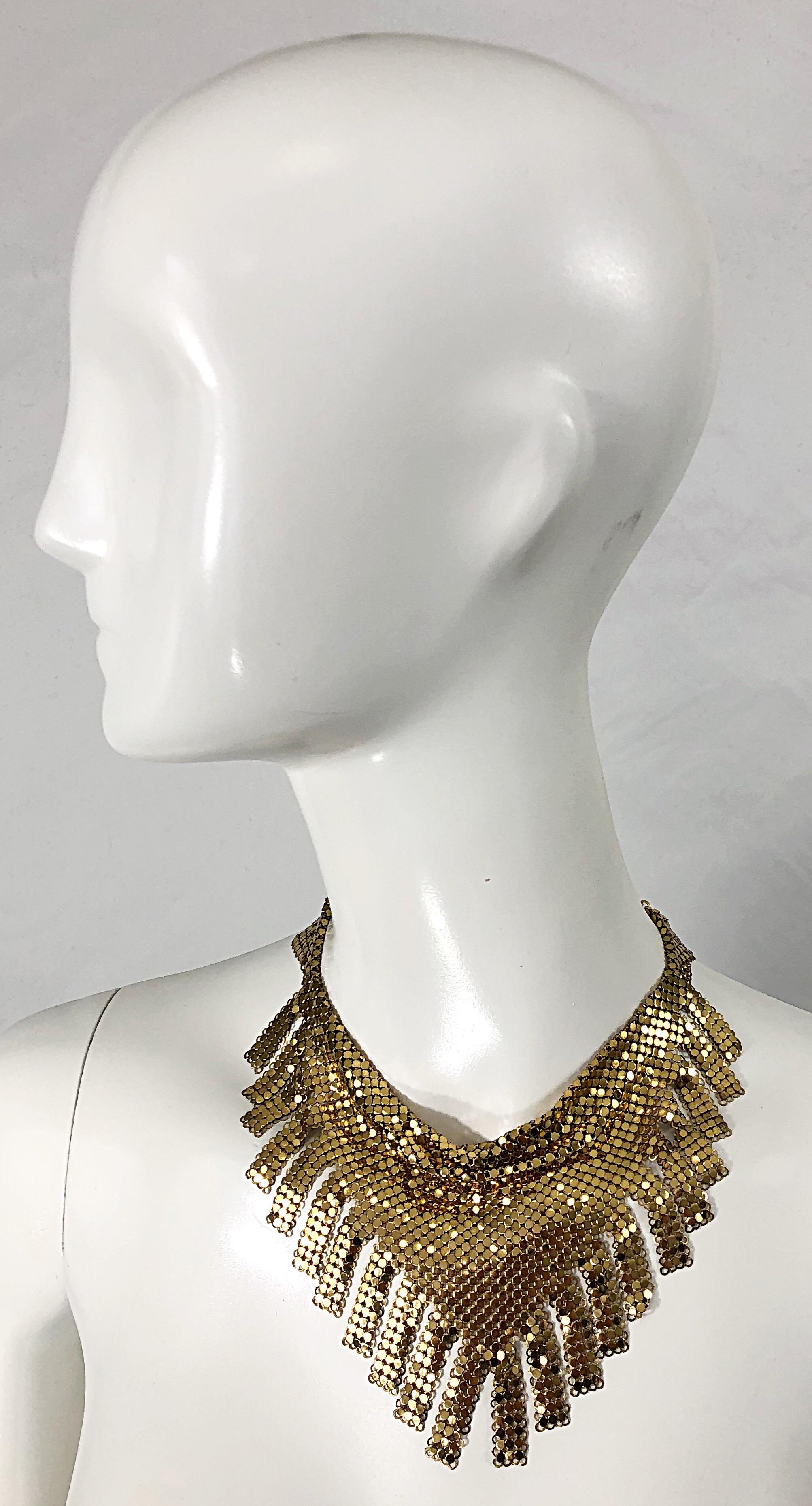 1970s Whiting & Davis Gold Chainmail Metal Fringed Vintage 70s Bib Necklace For Sale 3