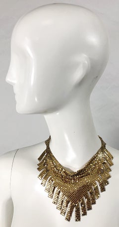 1970s Whiting & Davis Gold Chainmail Metal Fringed Vintage 70s Bib Necklace