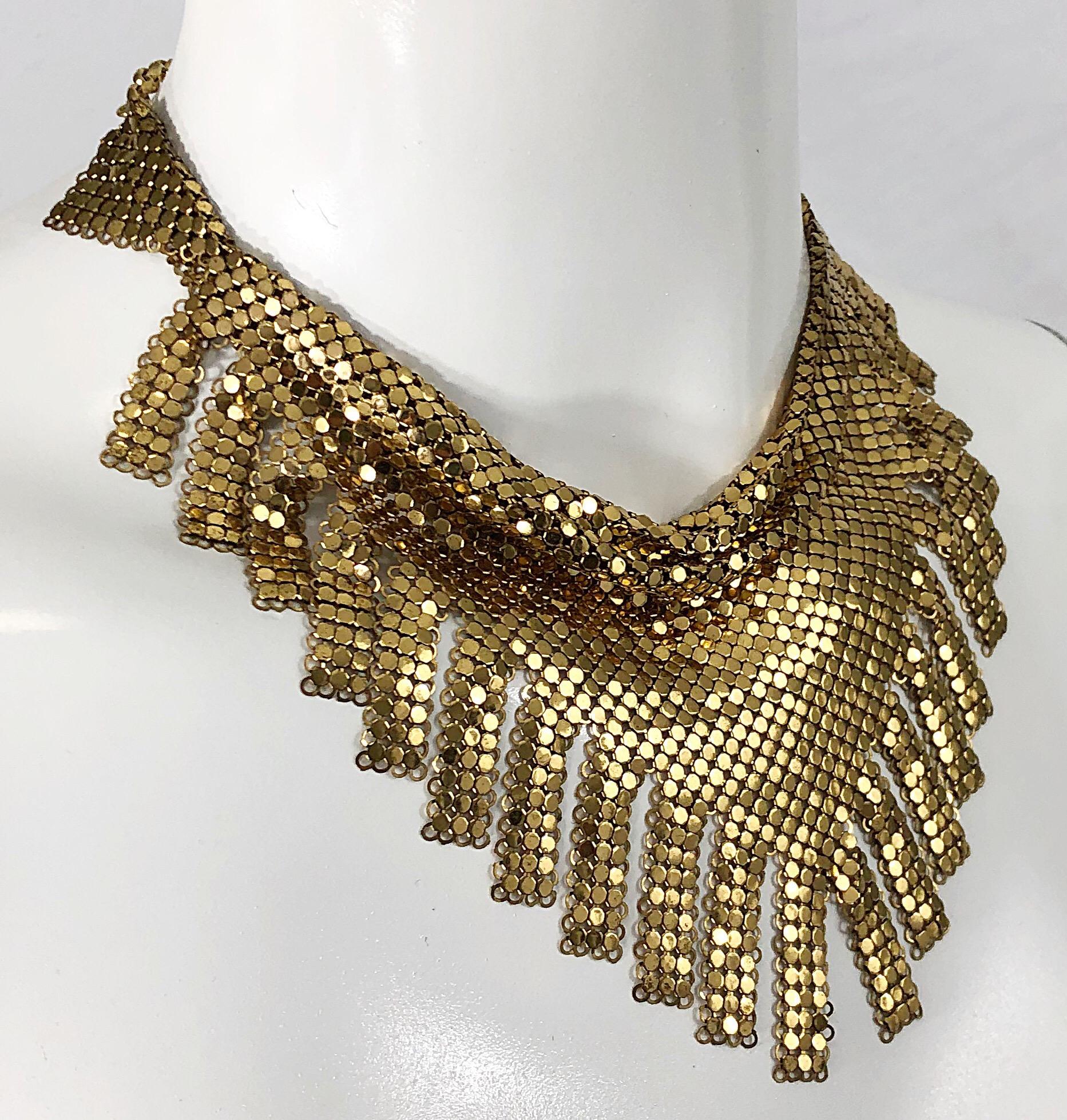 Women's 1970s Whiting & Davis Gold Chainmail Metal Fringed Vintage 70s Bib Necklace For Sale