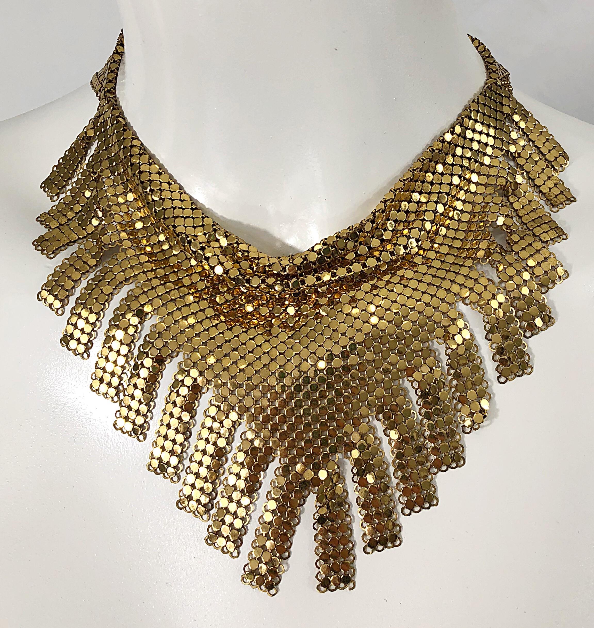 1970s Whiting & Davis Gold Chainmail Metal Fringed Vintage 70s Bib Necklace For Sale 1