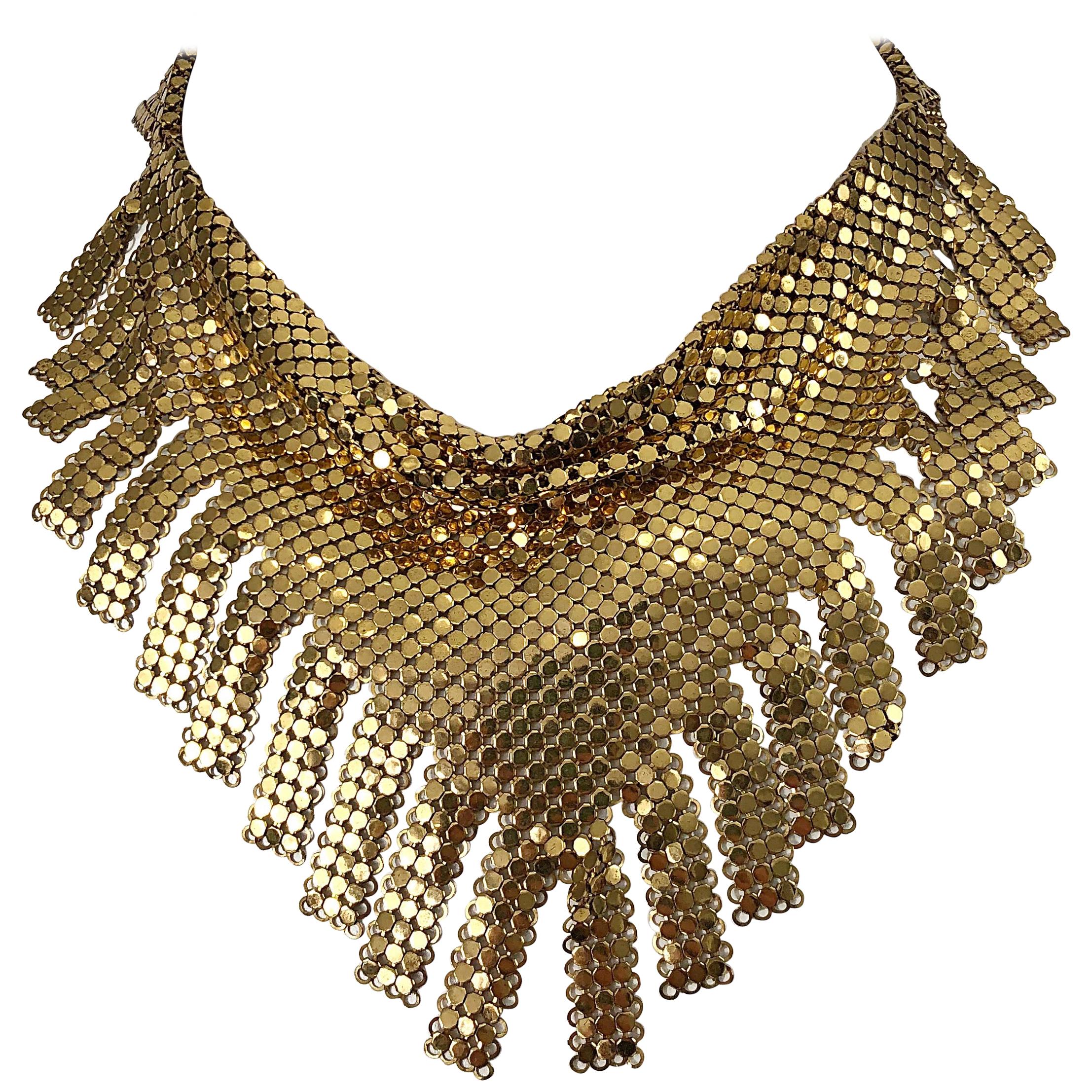 1970s Whiting & Davis Gold Chainmail Metal Fringed Vintage 70s Bib Necklace For Sale