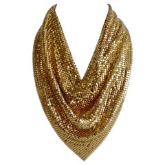 Vintage Whiting & Davis 1970s Gold Metal Mesh Bib Scarf Necklace 