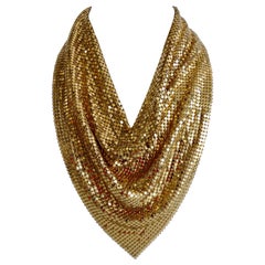 Whiting & Davis 1970s Gold Metal Mesh Bib Scarf Necklace 