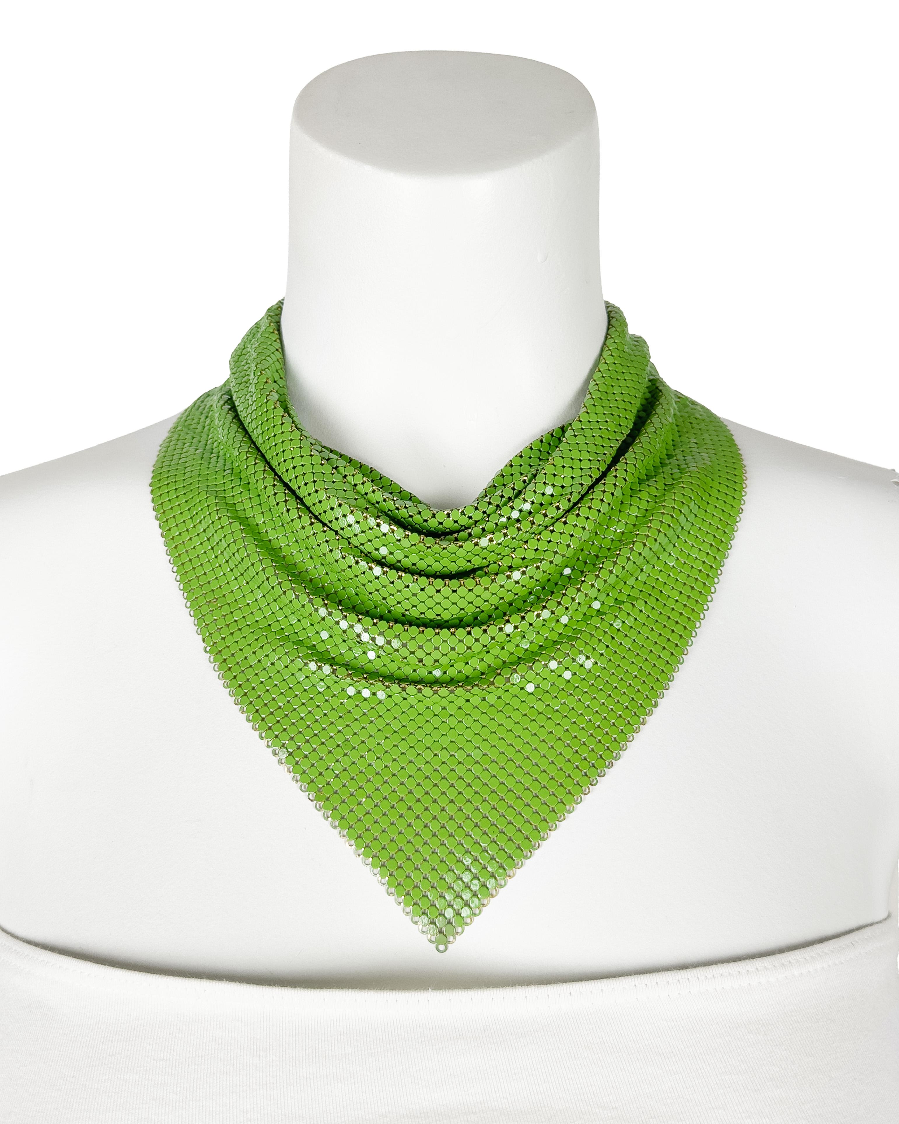 1970's Whiting and Davis classic metal mesh triangular necklace/scarf in an unusual combination of green on gilt metal. More often this piece is found in silver or gilt metal. It is meant to be worn at the neckline either as a stand-alone necklace