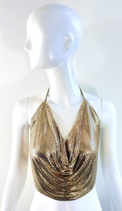 1970s Whiting & Davis Vintage Gold Chainmail Halter Top 70s Disco Cowl Backless