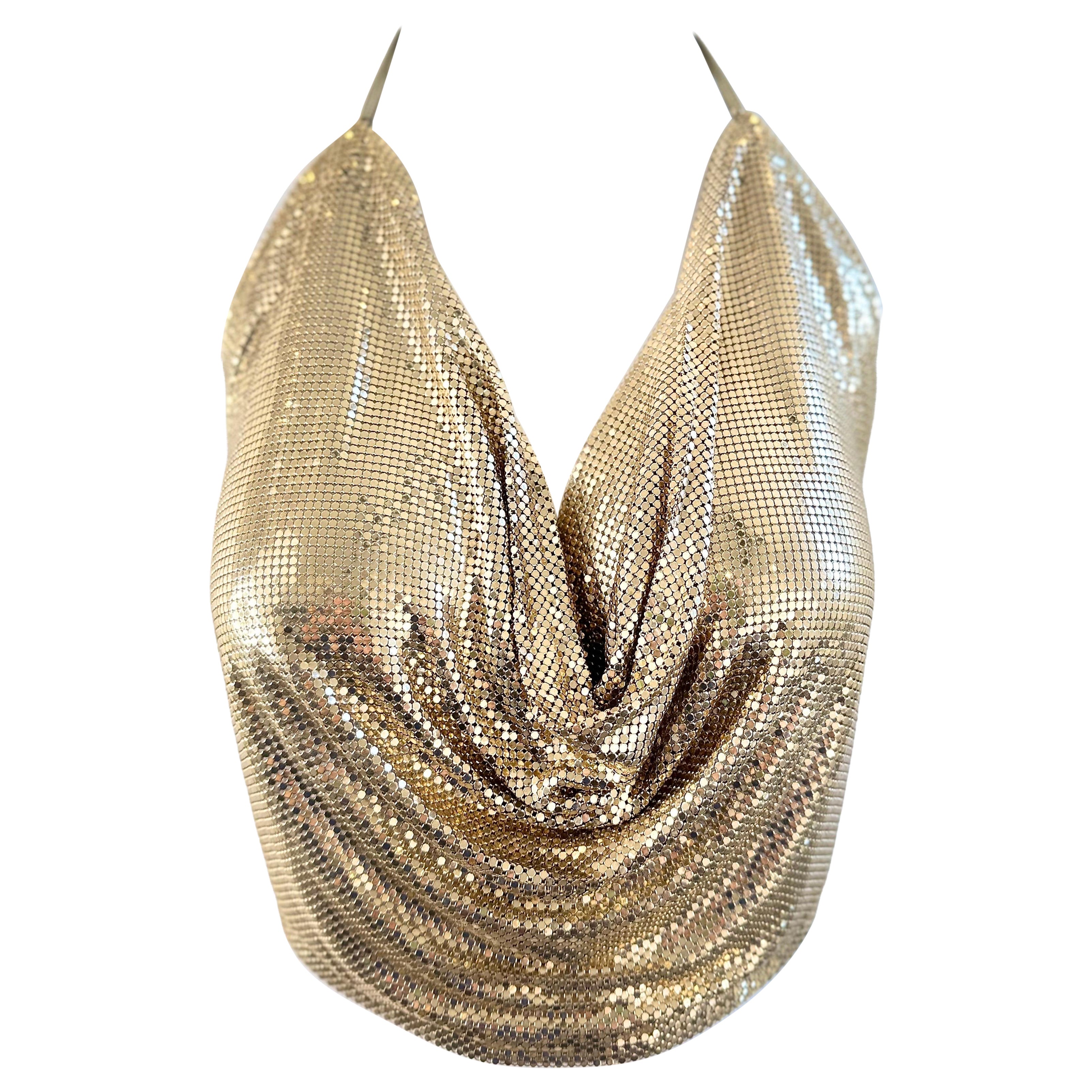 1970s Whiting & Davis Vintage Gold Chainmail Halter Top 70s Disco Cowl Backless For Sale