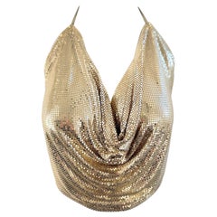 1970s Whiting & Davis Vintage Gold Chainmail Halter Top 70s Disco Cowl Backless