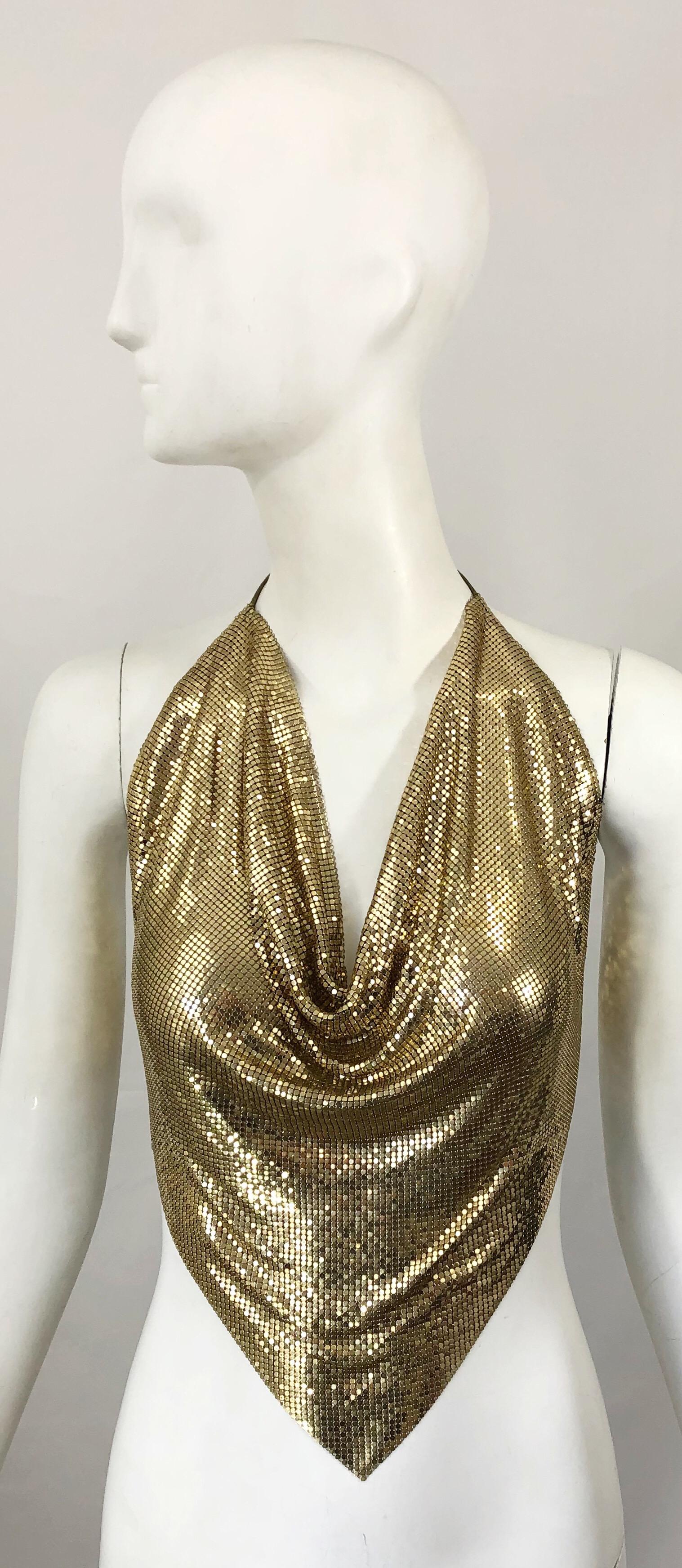 Sexy rare 1970s WHITING & DAVIS gold chainmail metal mesh plunging disco Studio 54 Paco Rabbane style halter crop top! Features signature heavy duty chainmail only W&D could produce-very high quality. Gold leather straps tie at top back neck and