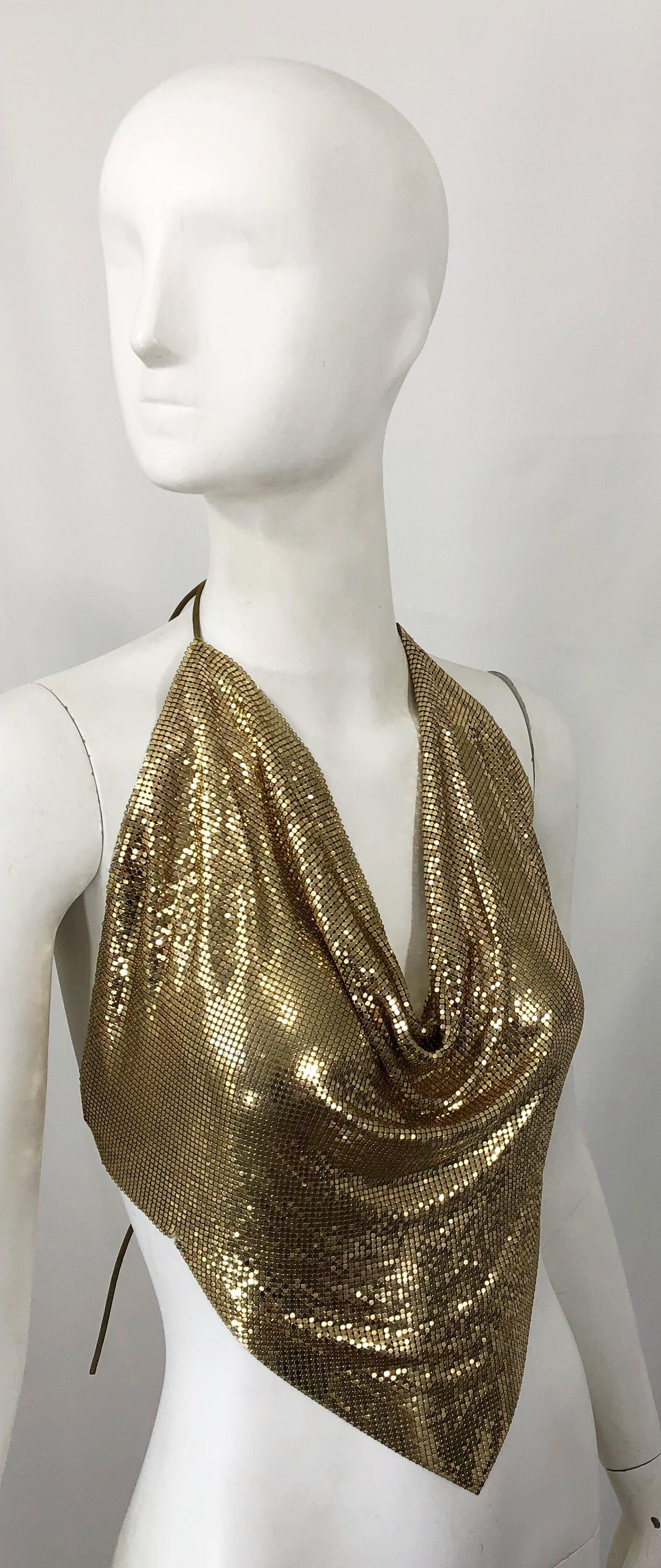 Women's 1970s Whting & Davis Gold Chain Mail Metal Mesh Vintage 70s Disco Halter Top