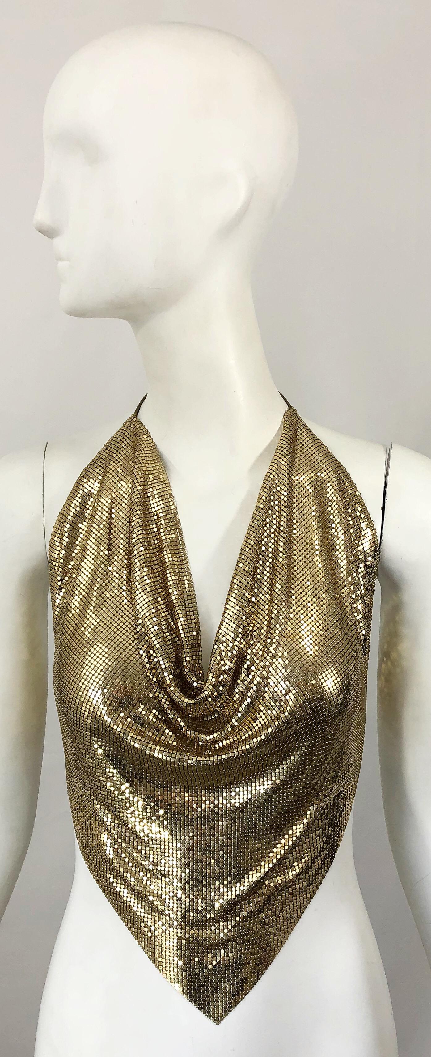 1970s Whting & Davis Gold Chain Mail Metal Mesh Vintage 70s Disco Halter Top 1