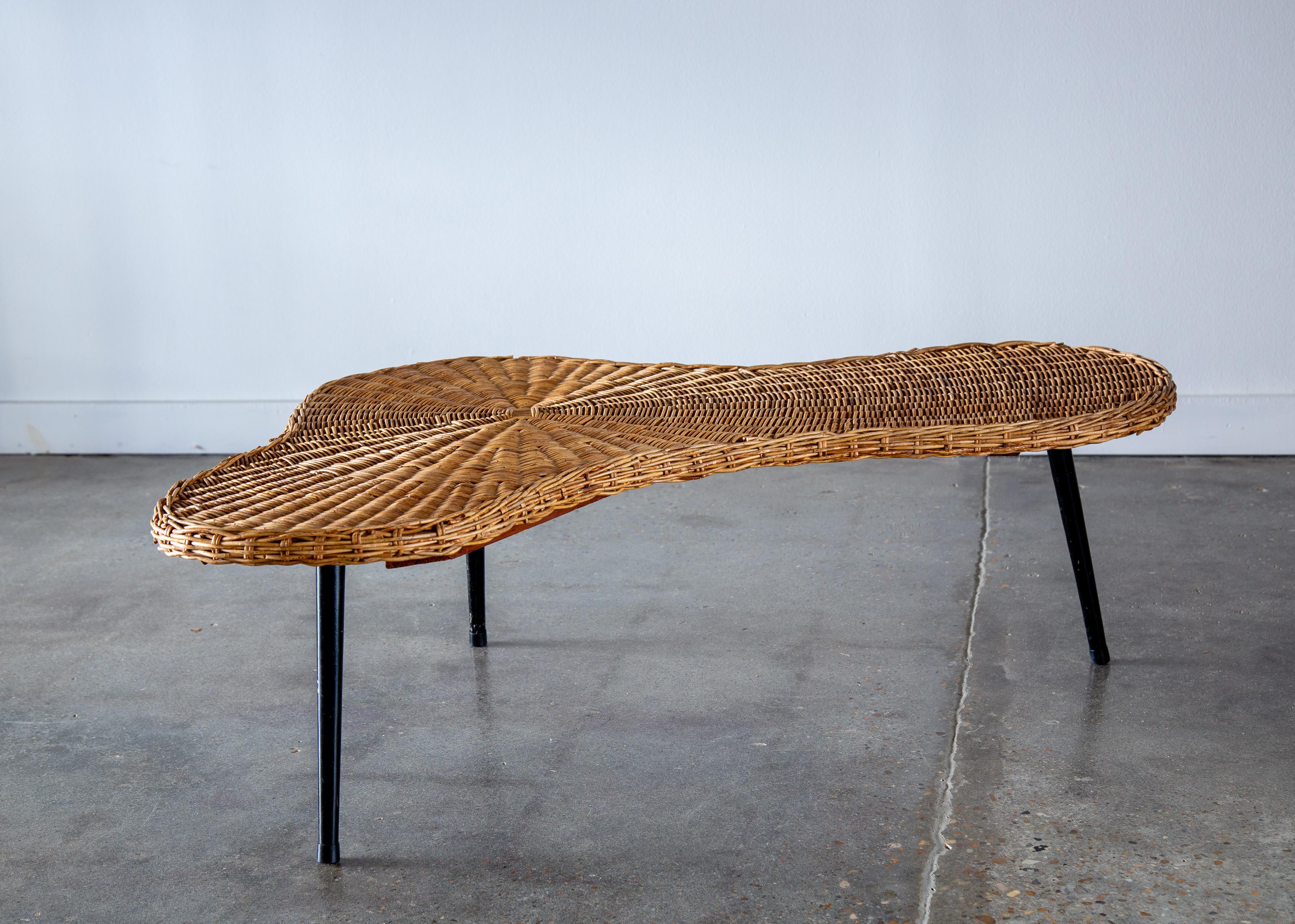 Mid-Century Modern 1970s Wicker Amoeba Coffee table on iron legs French Design, Gibbings, Perriand For Sale