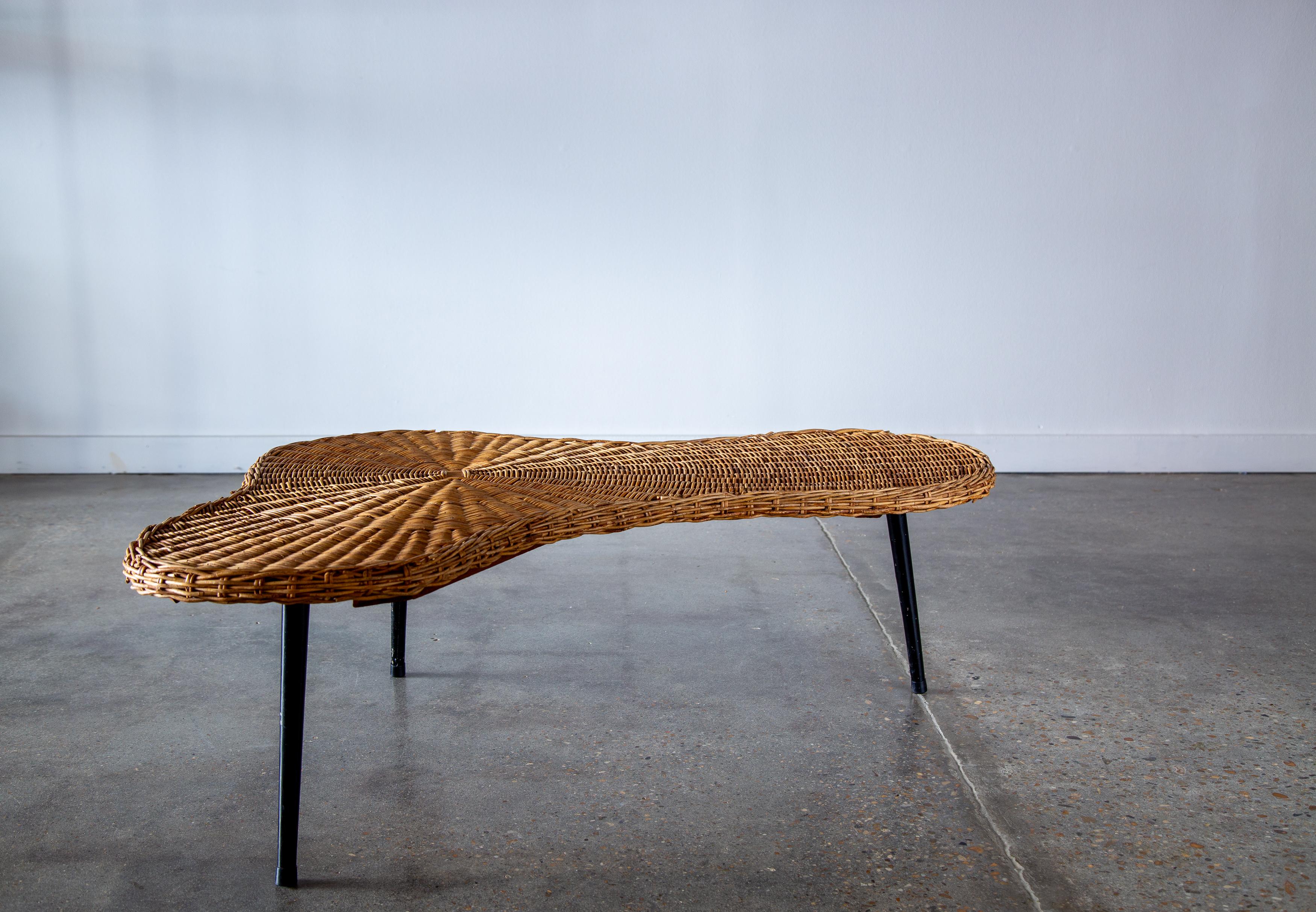 Late 20th Century 1970s Wicker Amoeba Coffee table on iron legs French Design, Gibbings, Perriand For Sale