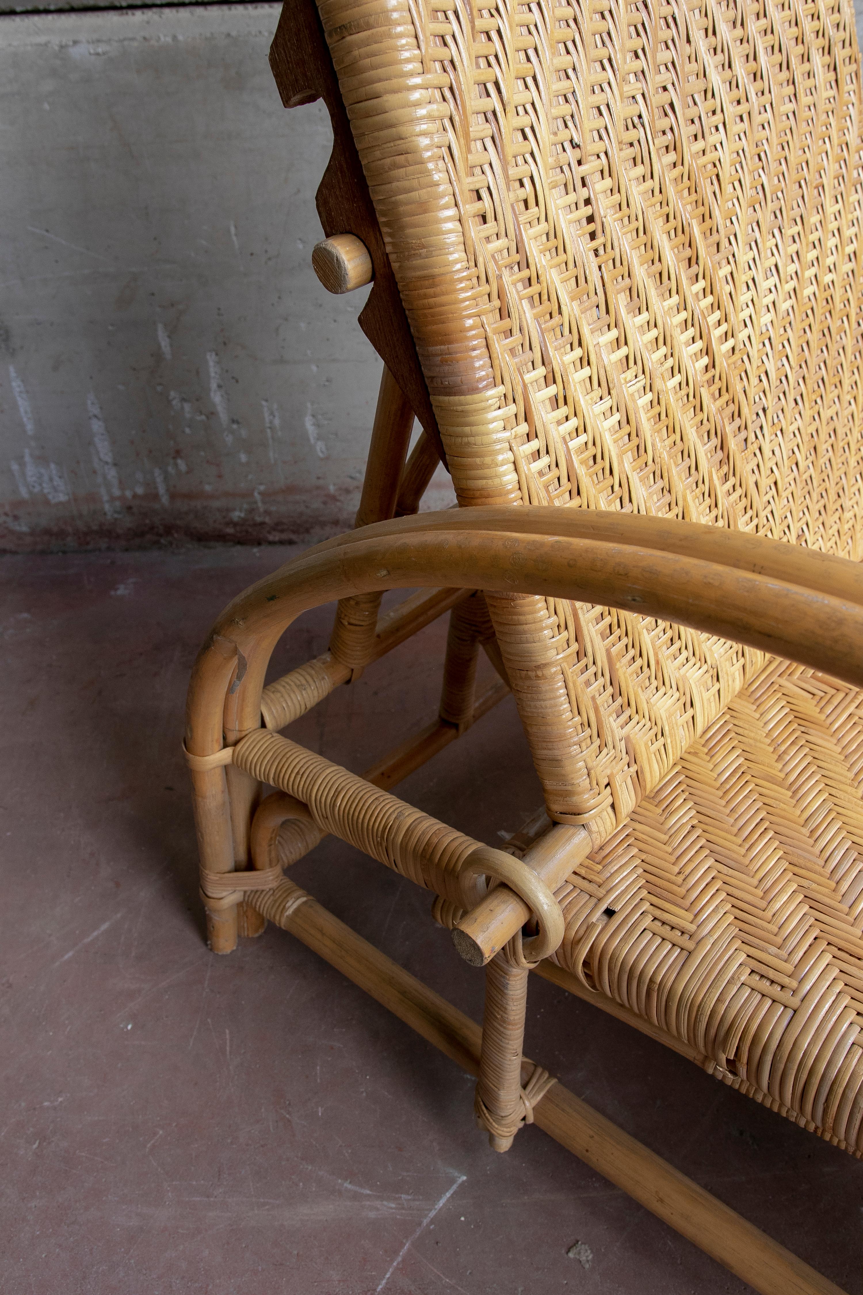 1970s Wicker and Bamboo Armchair with Adjustable Backrest and Footrest For Sale 8