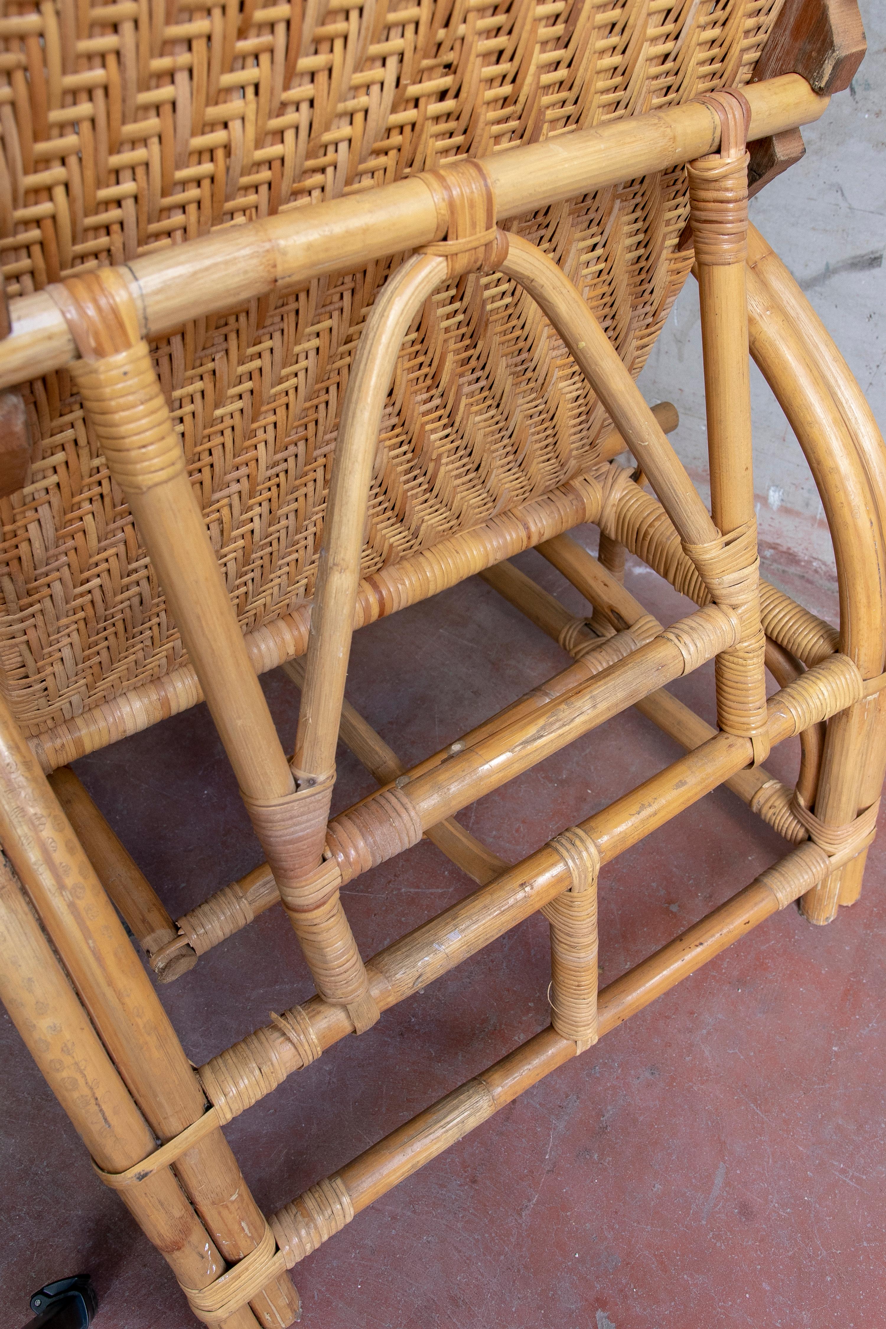 1970s Wicker and Bamboo Armchair with Adjustable Backrest and Footrest For Sale 12