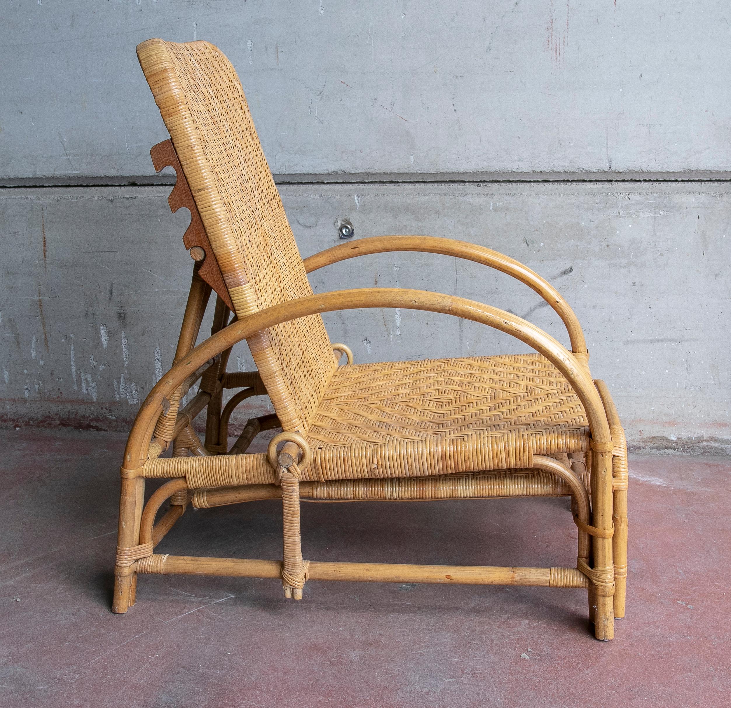 Spanish 1970s Wicker and Bamboo Armchair with Adjustable Backrest and Footrest For Sale