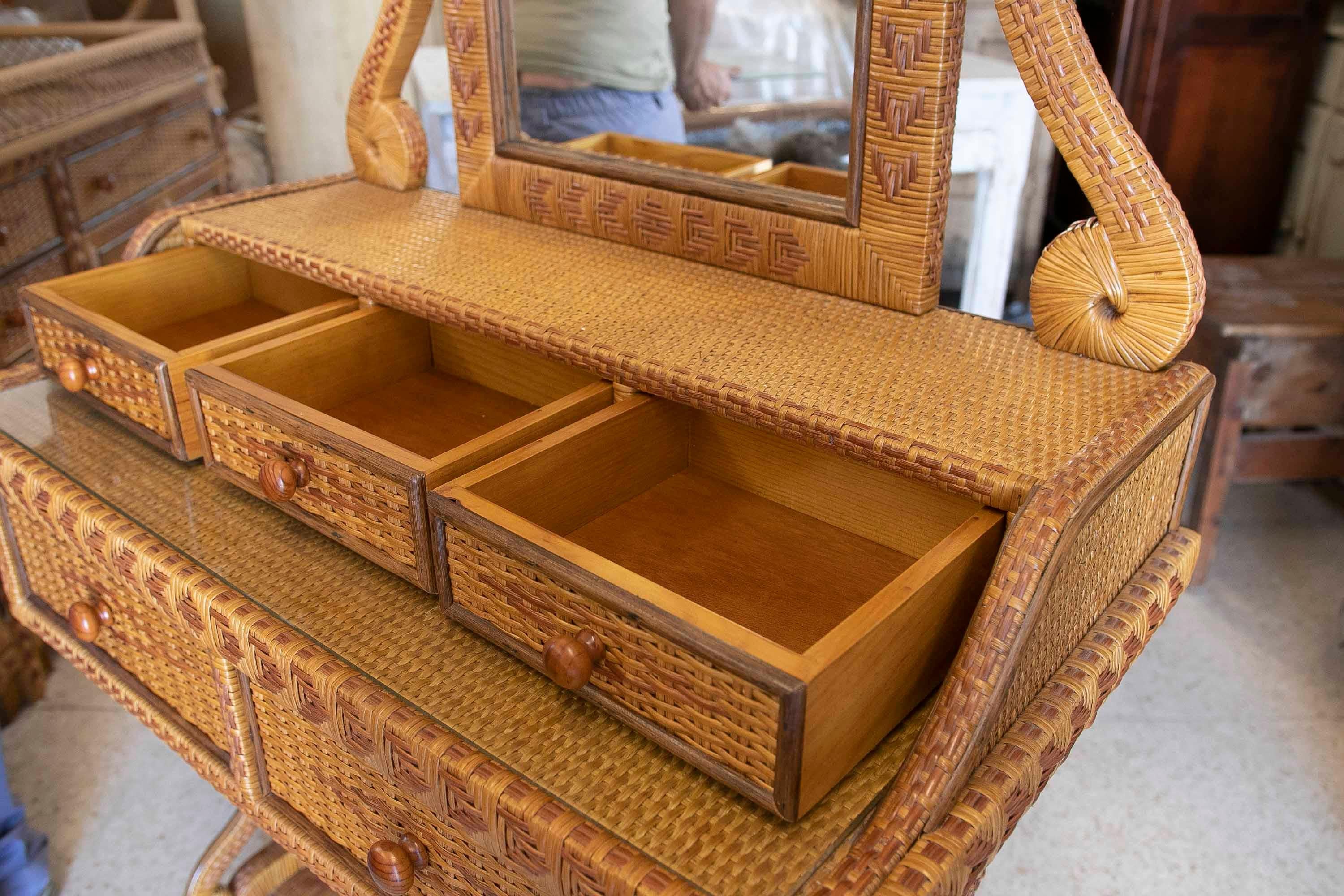 20th Century 1970s Wicker and Wooden Dressing Table with Drawers and Mirrors  For Sale